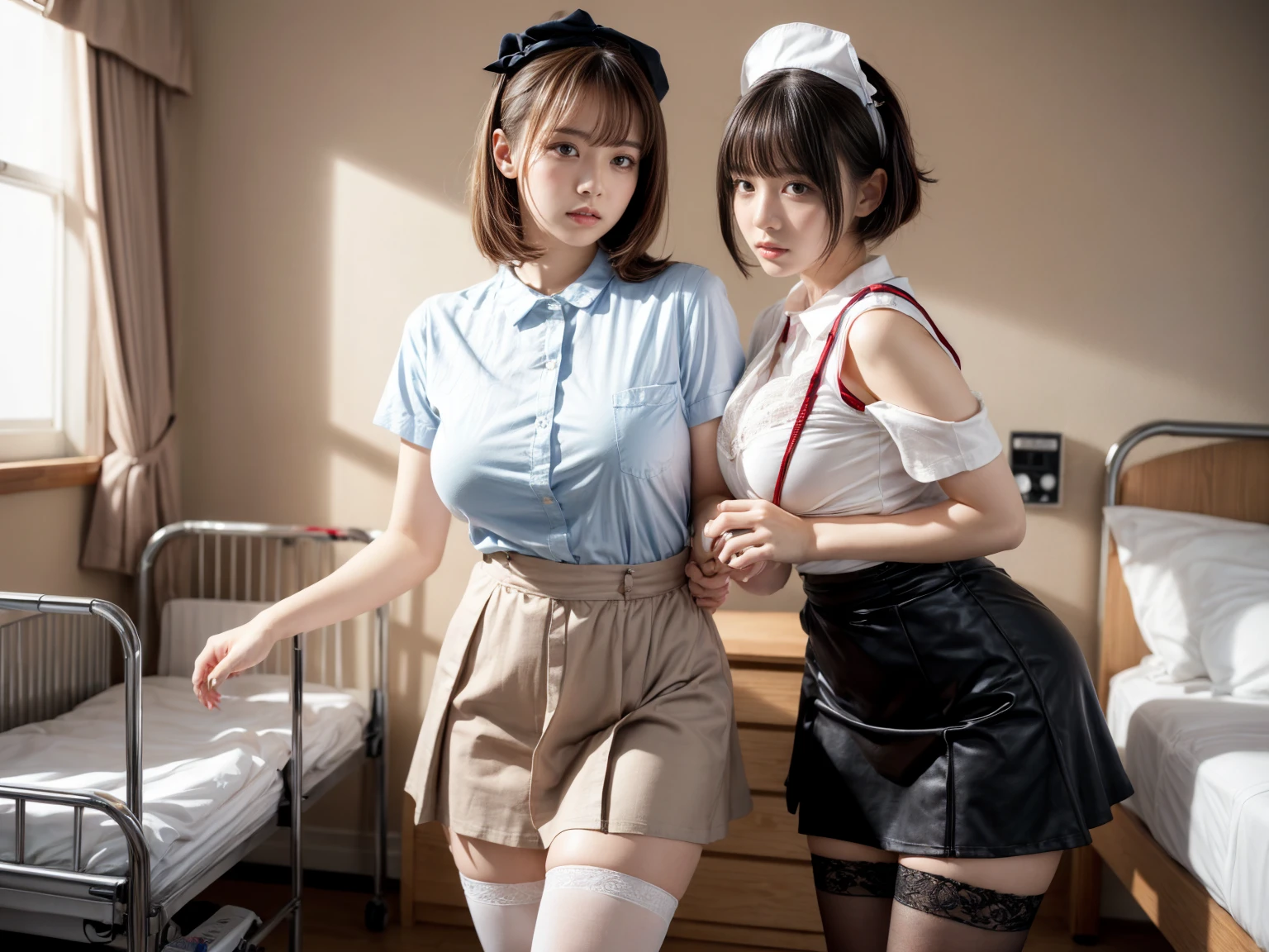 best quality, masterpiece, realistic, photorealistic, standing, cosplay, BLACK hair, twintails, hair ornament, headphones, ,sailor collar, shirt, long sleeves, necktie,, pleated skirt, loafers, 30 years old、Japanese women、Black Hair、Very short hair、Twin tails、Flat Chest、 white room as the background、Singing a song、