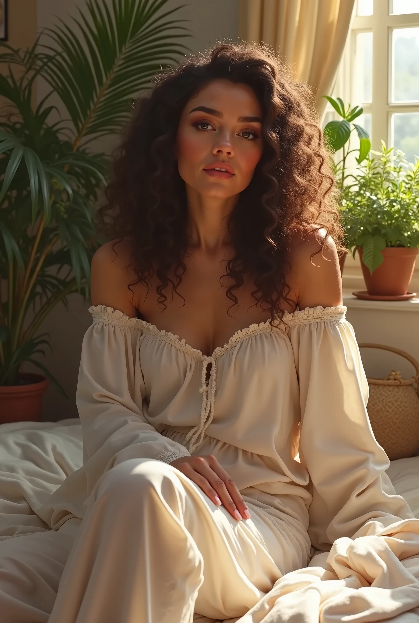 (photorealism:1.2), beautiful woman, sitting on bed, wearing loose off-shoulder top, pajama pants, long curly hair, indoors, soft lighting, plants in background, window with sunlight, cozy room, relaxed pose, realistic, intricate details, warm colors, by Greg Rutkowski, by Alphonse Mucha shri Krishna