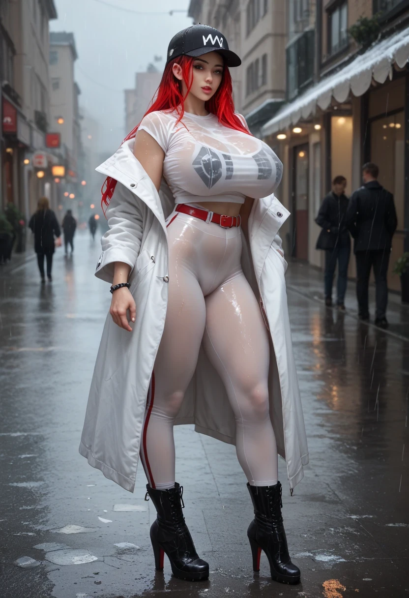 ultra realistic, very massive mega big breasts, young and sporty-built, long black hair with red highlights and bangs, white T-shirt transparent tight-fitting, white long tight-fitting pants , narrow red belt, black high heel boots with red sole, legs spread, Is standing on the street in the city, black wide collar, black bracelet on the left arm, black cap on the head, blue headphones, long white coat with black accents, rainy and windy day, It's snowing, And her breasts get even bigger and wiggle and she runs