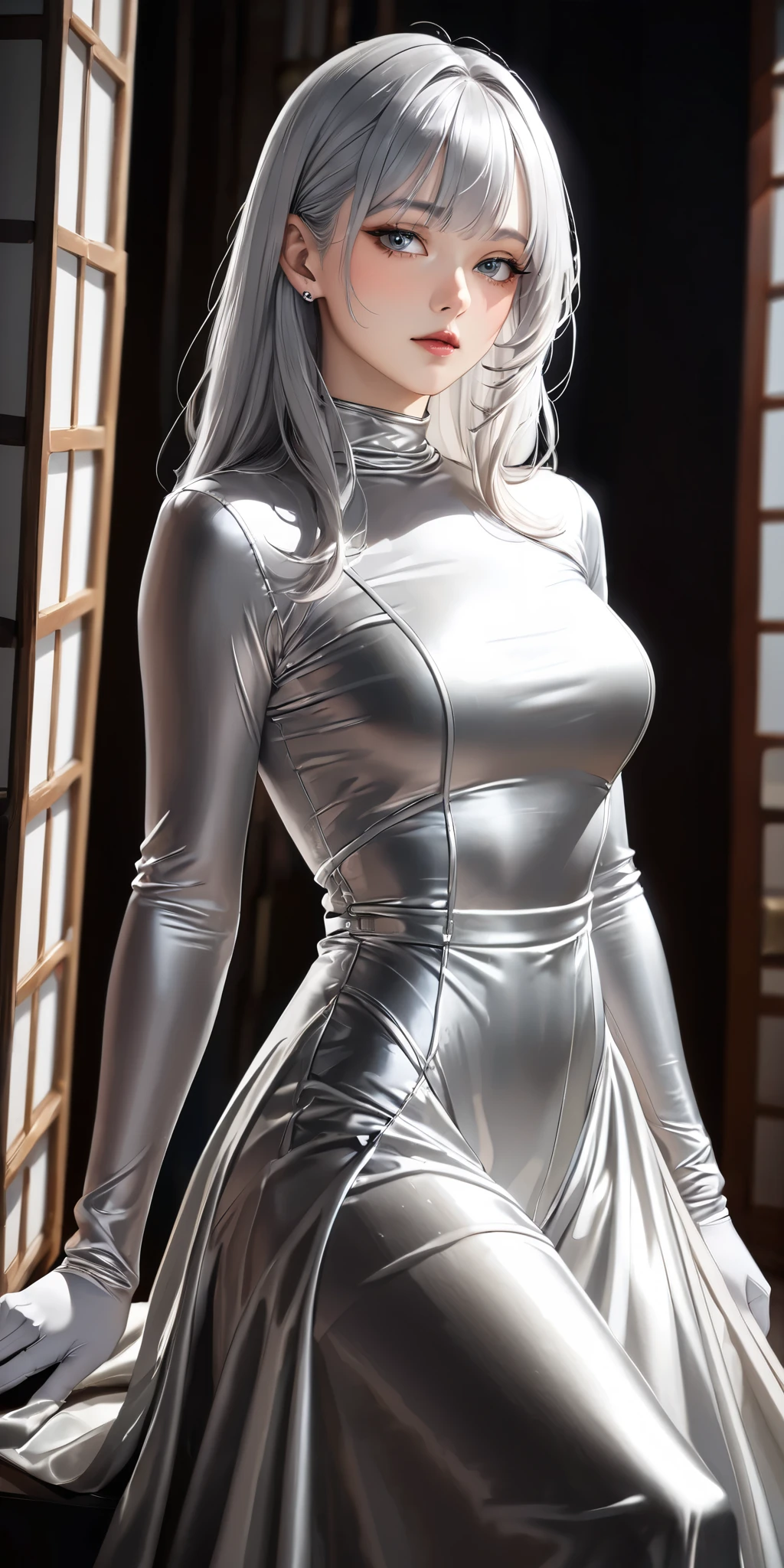 Portraiture、(masterpiece,Highest quality,Ultra-high resolution),Japanese women with pale silver hair, (Very beautiful 25 year old girl)、(She is wearing a shiny light silver satin long sleeve outfit.)、The dress has a simple design without any patterns...、(A long skirt made of pale silver satin.)、Pale silver satin gloves、(Pale silver satin bodysuit)