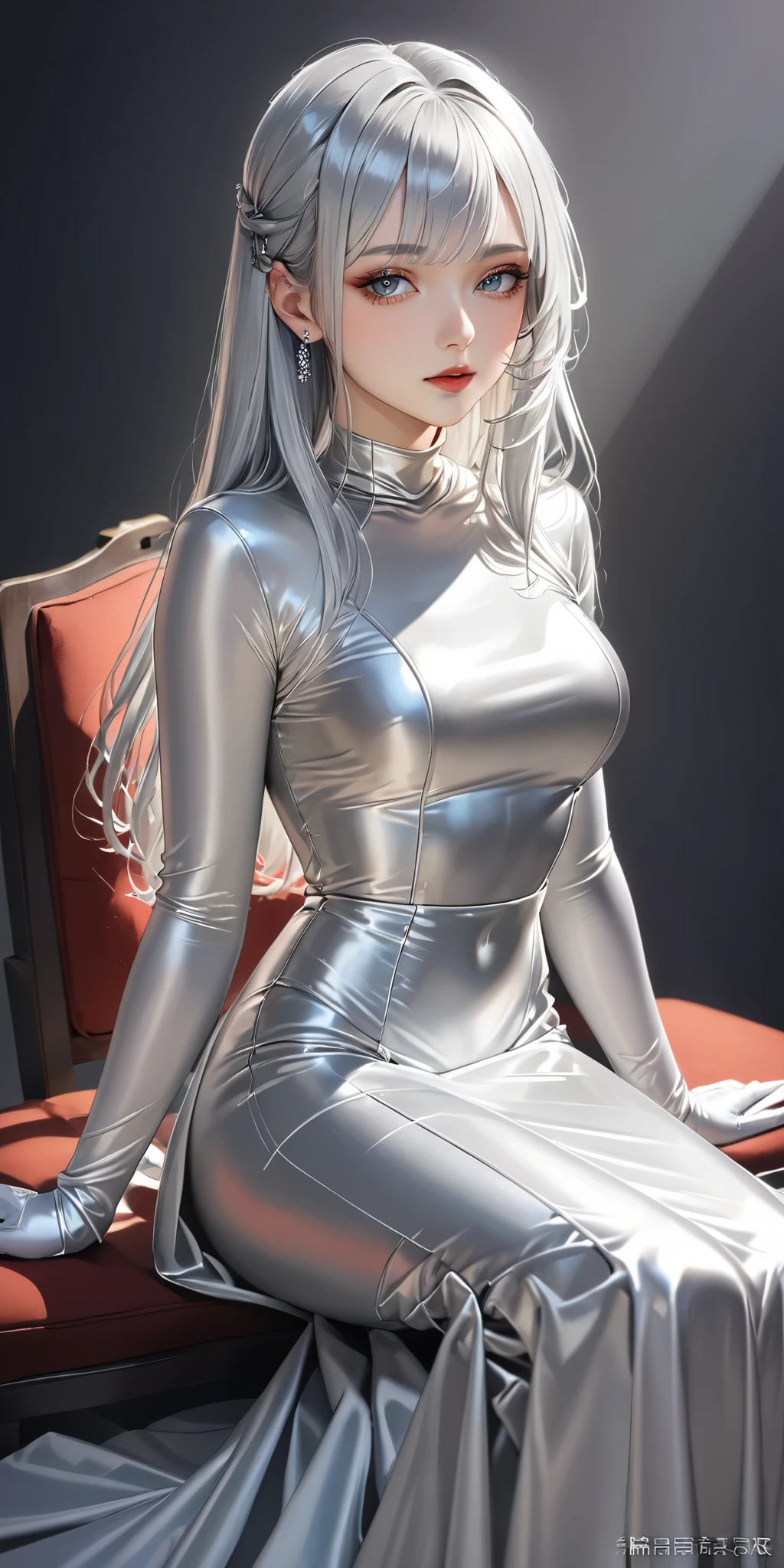 Portraiture、(masterpiece,Highest quality,Ultra-high resolution),Japanese women with pale silver hair, (Very beautiful 25 year old girl)、(She is wearing a shiny light silver satin long sleeve outfit.)、The dress has a simple design without any patterns...、(A long skirt made of pale silver satin.)、Pale silver satin gloves、(Pale silver satin bodysuit)