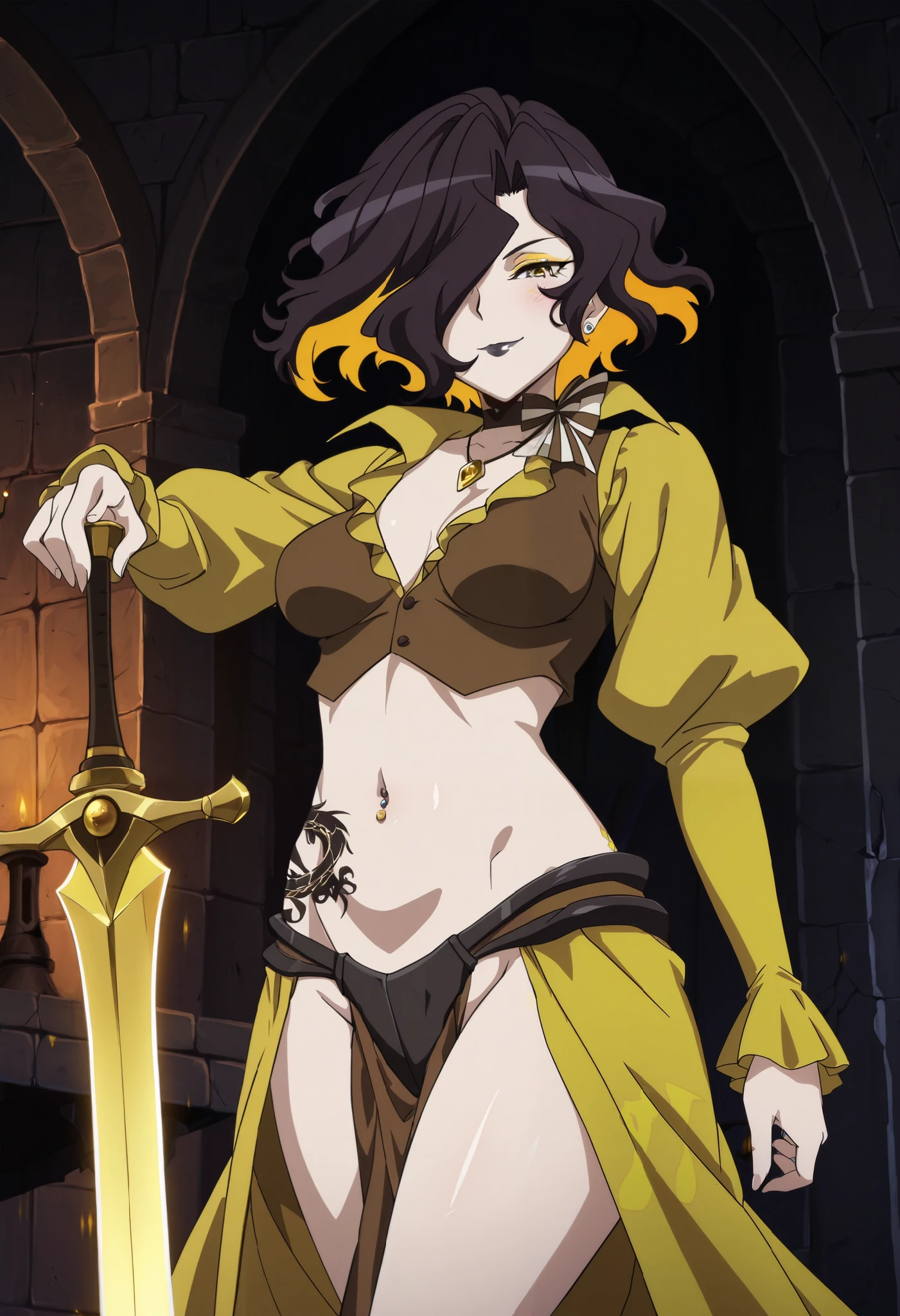 1 girl, Naboral Gamma,black hair, long hair, masterpiece, best quality, highly detailed ,glint,halterneck,gold_choker, complex detailed background,
inside, stone wall, ancient interior, ancient egyptian room, hieroglyphs, dark lighting, dark
atmosphere, (cowboy shot), holding a sword, sword, belly_chain,harem_outfit,navel, necklace,
pelvic_curtain,revealing_clothes, veil,masterpiece,best quality,1girl,mature,evil smile, smile,
female,mature,necklace,pendant, (nsfw) not safe for work, exposed belly, exposed navel, exposed
midriff, exposed lower belly, navel piercing