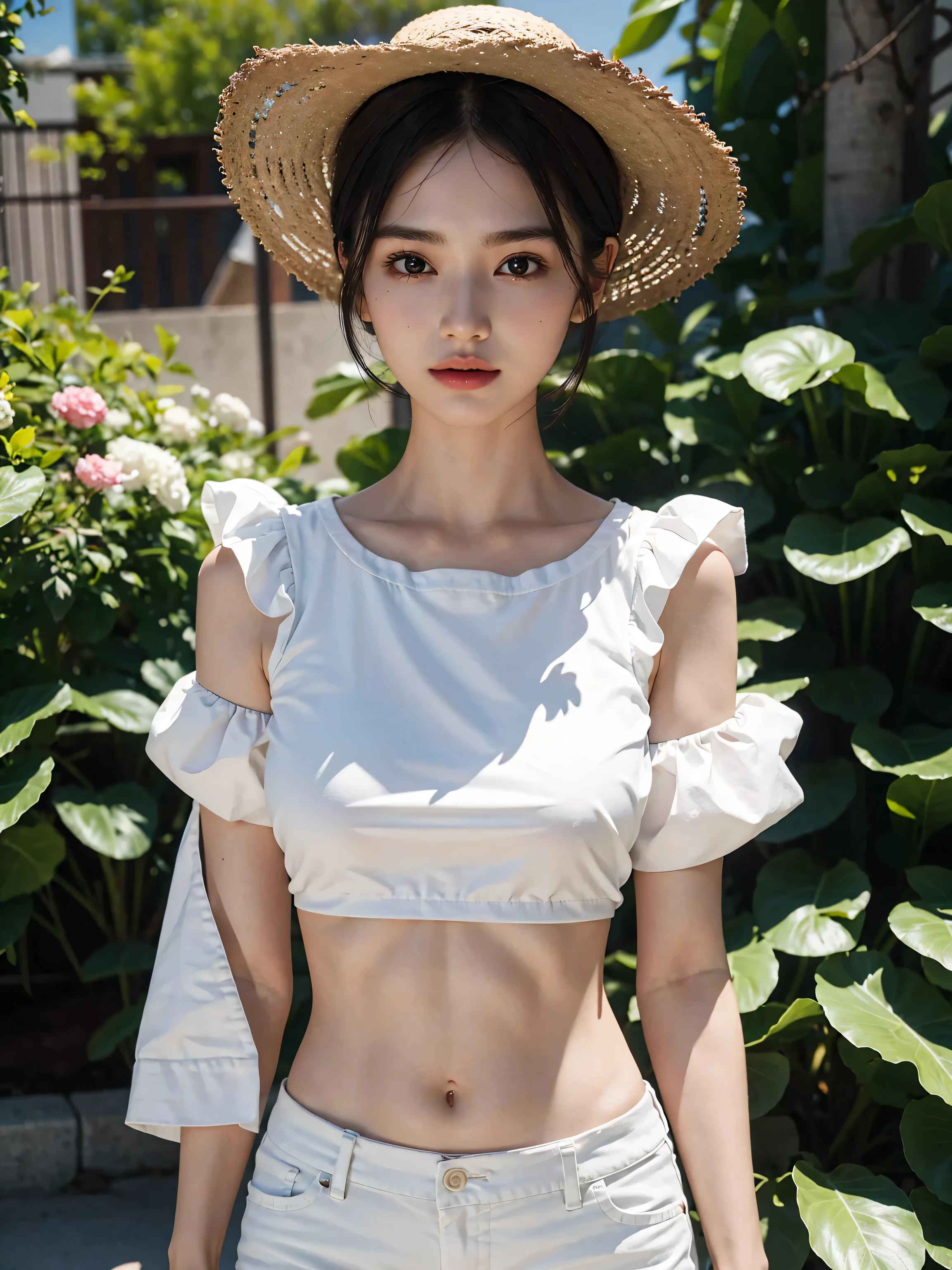 absurdres, RAW photo, extremely delicate and beautiful, masterpiece, Best Quality, ultra high resolution, 32k, hyperrealistic, ultra-detailed, perfect figure, Perfect Style, Perfect balance, in her 20s, very small head, very small face, delicate facial features, tearful mole, earring, very huge round breasts, full body shot, whole legs, short medium hair, wavy hair, outdoor, blouse, bare collarbone, skirt, straw hat,