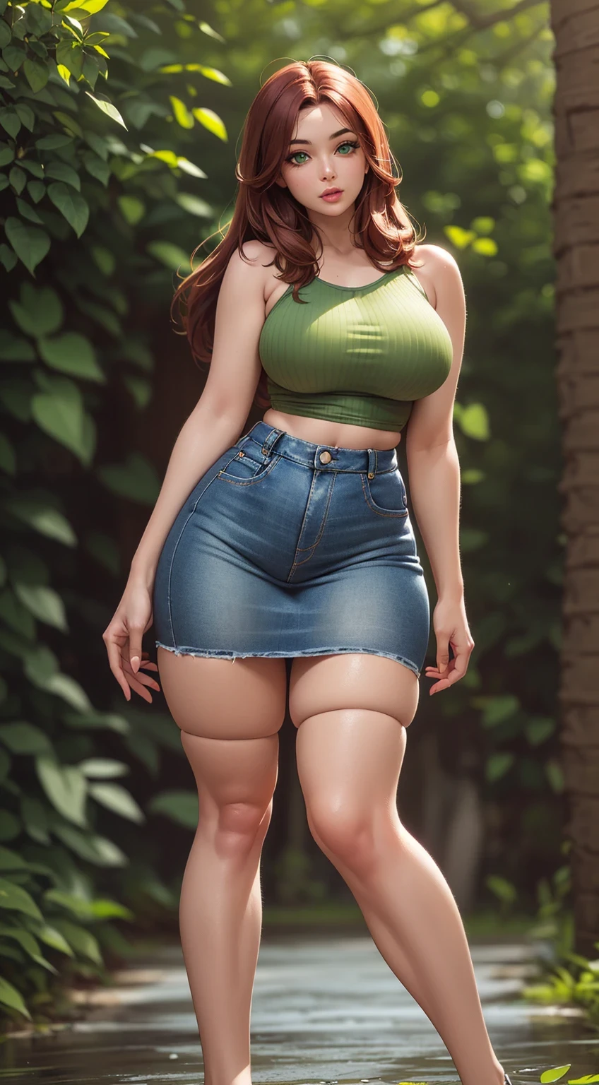 Realistic sexy girl, tall girl, long legs, fit body, 26 waist, 36 hips, 28 waste, 38dd breast, long red hair, big green eyes, very large hips,  noclothes, uncovered, , exposed, pubis, clitores, 4k image, full body image, from front and back,