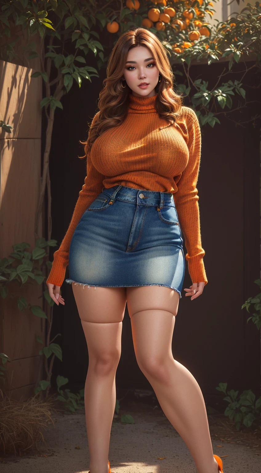 Velma Dinkley, orange knit sweater, huge shaggy breasts, big , sexy body, 8k resolution, detail body, denim short skirt, tall