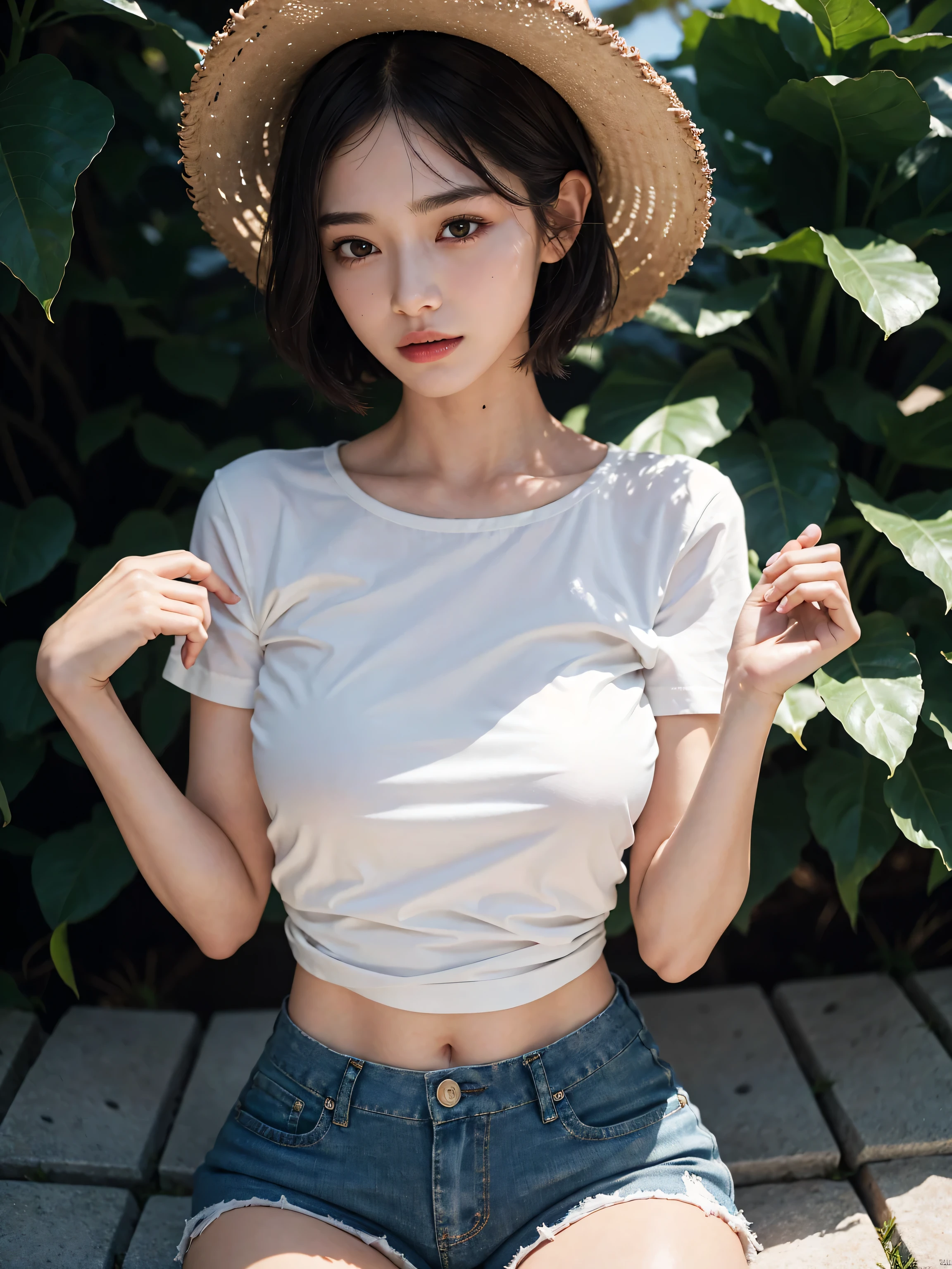 (Masterpiece, extreme quality, award winning, photorealistic, professional photography :1.5), under shot, intricate sharp details, depth of field, A beautiful European female youth, pretty girl, model, ig idol, delicate face, (skinny:0.9), (slender, slim body:1.1), slim legs, big breasts, realistic detailed skin, no make-up, short hair. Wearing loose cropped t-shirt and leggings, sit on bridge rail, river bridge, smirking.