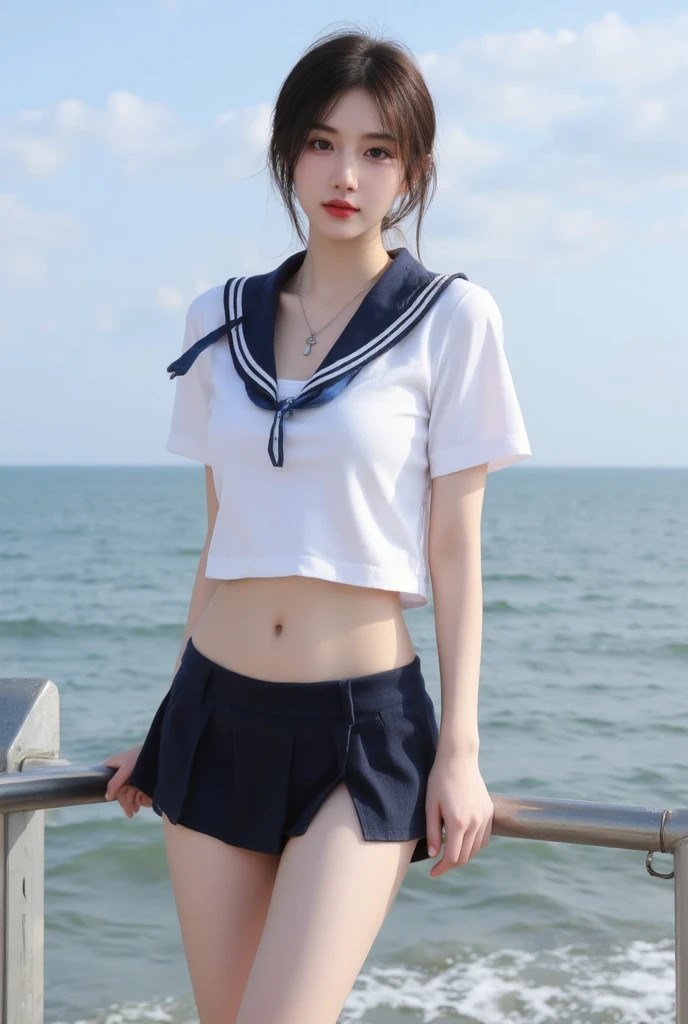 realistic, (top quality, 4K, masterpiece: 1.3), beauty, extremely realistic, Maxim cover model, Cover model in progress, 1 23-year-old woman, (Very big, slim attractive body: 1.5), (No Braza), ((sea uniform, navel, Mini Sailor)), black hair, laugh, smile, mini skirt, Looking straight ahead at the camera, (Bold leg spread pose), very erotic pose, Photo shoot, start from below, woman who wants to have sex,