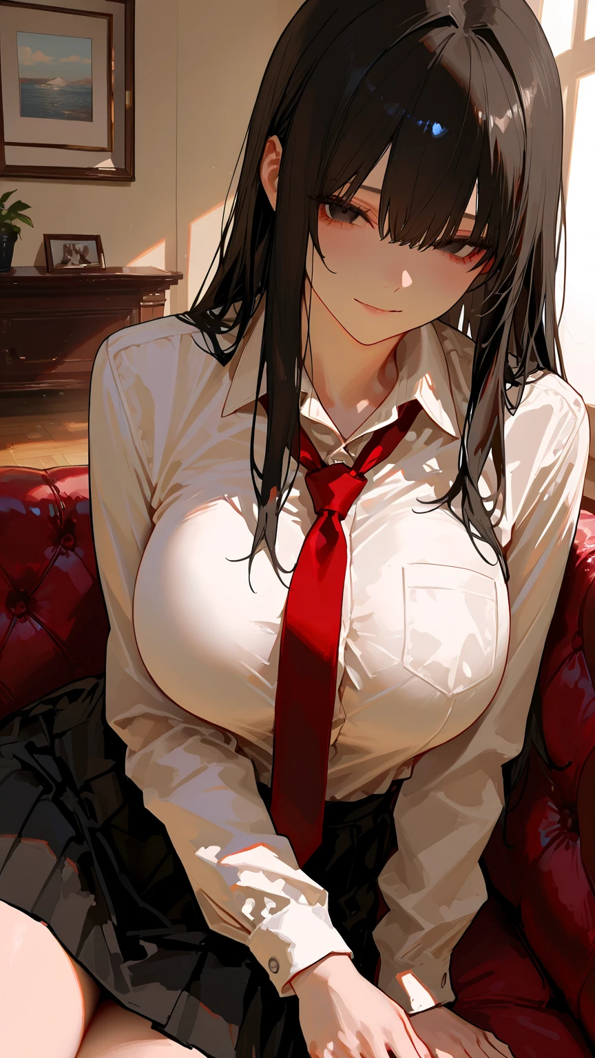 Anime girl with long black hair wearing a red tie and sitting on a chair, seductive anime girl, anime moe art style, beautiful anime high school girl, real high school girl, naughty anime style, Smooth anime CG art, attractive anime girl, digital anime art!!, hyperreal high school girl, big boobs, nipple, Pull up your skirt to show off your pants。