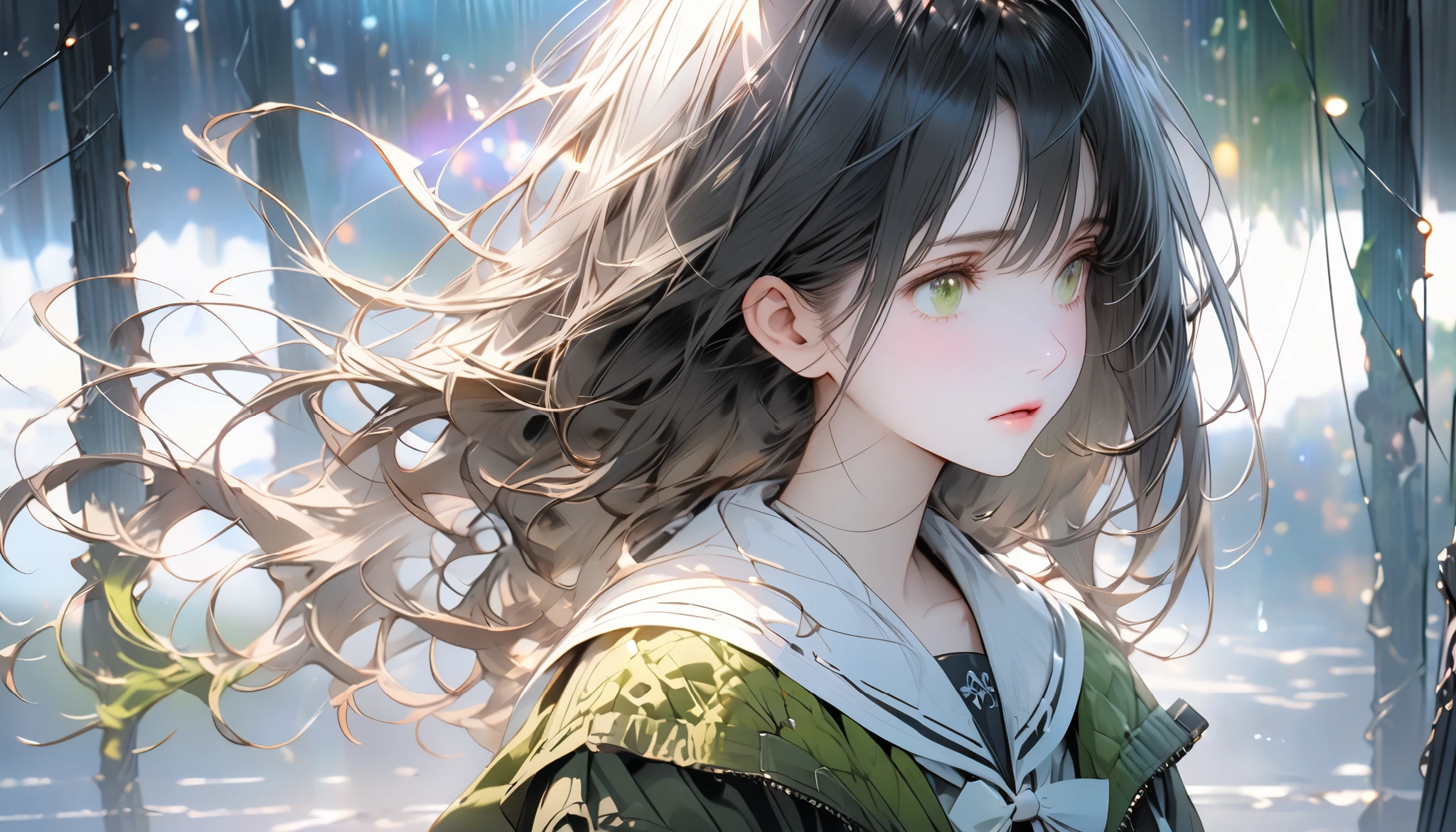 One young woman in a miniskirt, holding the cold air with a pensive expression, feels both anxious and strong. An atmosphere of quiet reflection and hope hangs over her. There is an expression of determination on her face. The soft and delicate shading gives a sense of inner strength amidst uncertainty. The scene conveys a sense of inner conflict and introspection, highlighting doubts and anxieties. Highly detailedElegant and detailed, adding a dramatic and symbolic element to the scene, deep borders, bokeh, smooth textures, ultra detailed, high resolution, ultra detailed, (best quality, 16K, high resolution, masterpiece), subtle colors, vibrant colors, professional lighting, beautiful details with little projection, medium long hair, dark haired woman, pale skin, moss green eyes, miniskirt, full body