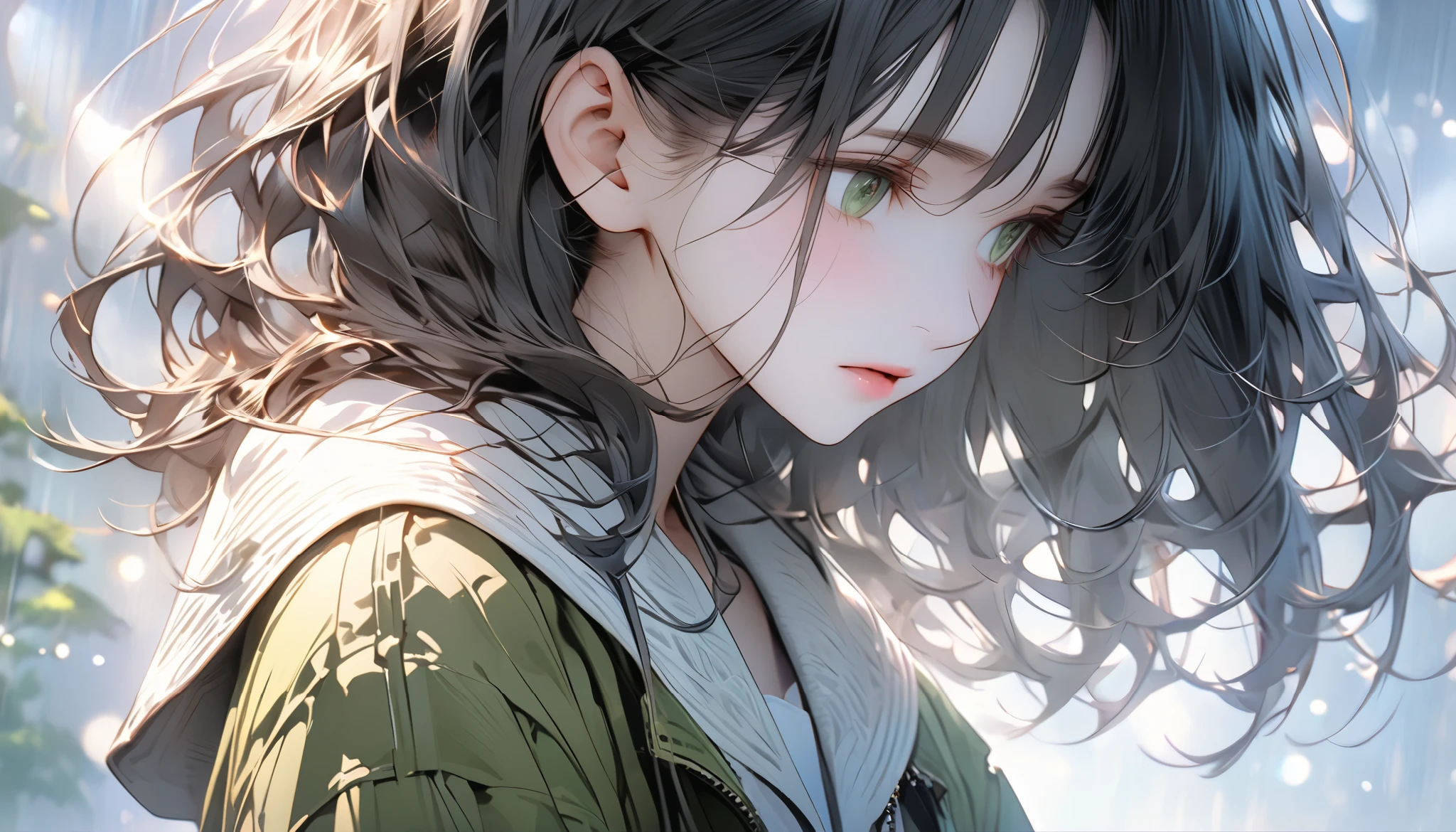 One young woman in a miniskirt, holding the cold air with a pensive expression, feels both anxious and strong. An atmosphere of quiet reflection and hope hangs over her. There is an expression of determination on her face. The soft and delicate shading gives a sense of inner strength amidst uncertainty. The scene conveys a sense of inner conflict and introspection, highlighting doubts and anxieties. Highly detailedElegant and detailed, adding a dramatic and symbolic element to the scene, deep borders, bokeh, smooth textures, ultra detailed, high resolution, ultra detailed, (best quality, 16K, high resolution, masterpiece), subtle colors, vibrant colors, professional lighting, beautiful details with little projection, medium long hair, dark haired woman, pale skin, moss green eyes, miniskirt, full body