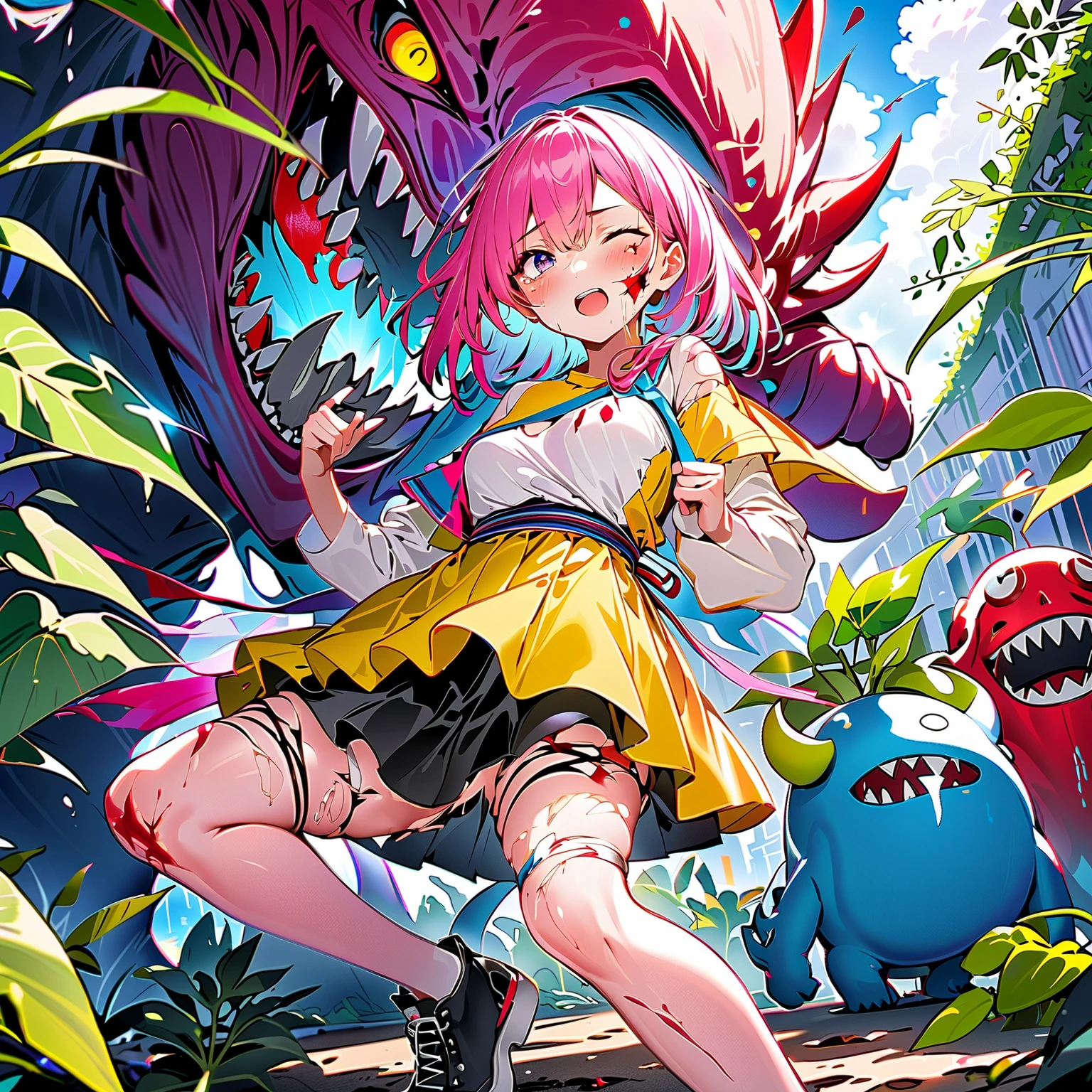 In the style of "Oshi no Ko," create an anime-style image of a clumsy and naturally awkward girl. She should have bright-colored hair, styled in a fluffy and cute manner, and her smile should be charming. Dress her in casual, adorable clothing, like a pink or light blue dress or one-piece outfit. Depict her in a scene where she's bumping into something or tripping, showing a slightly troubled but cheerful expression. The background should be bright and fun, emphasizing her clumsiness in a lively setting. For example, include scattered items or animals around her, reflecting her involvement in a playful mishap.