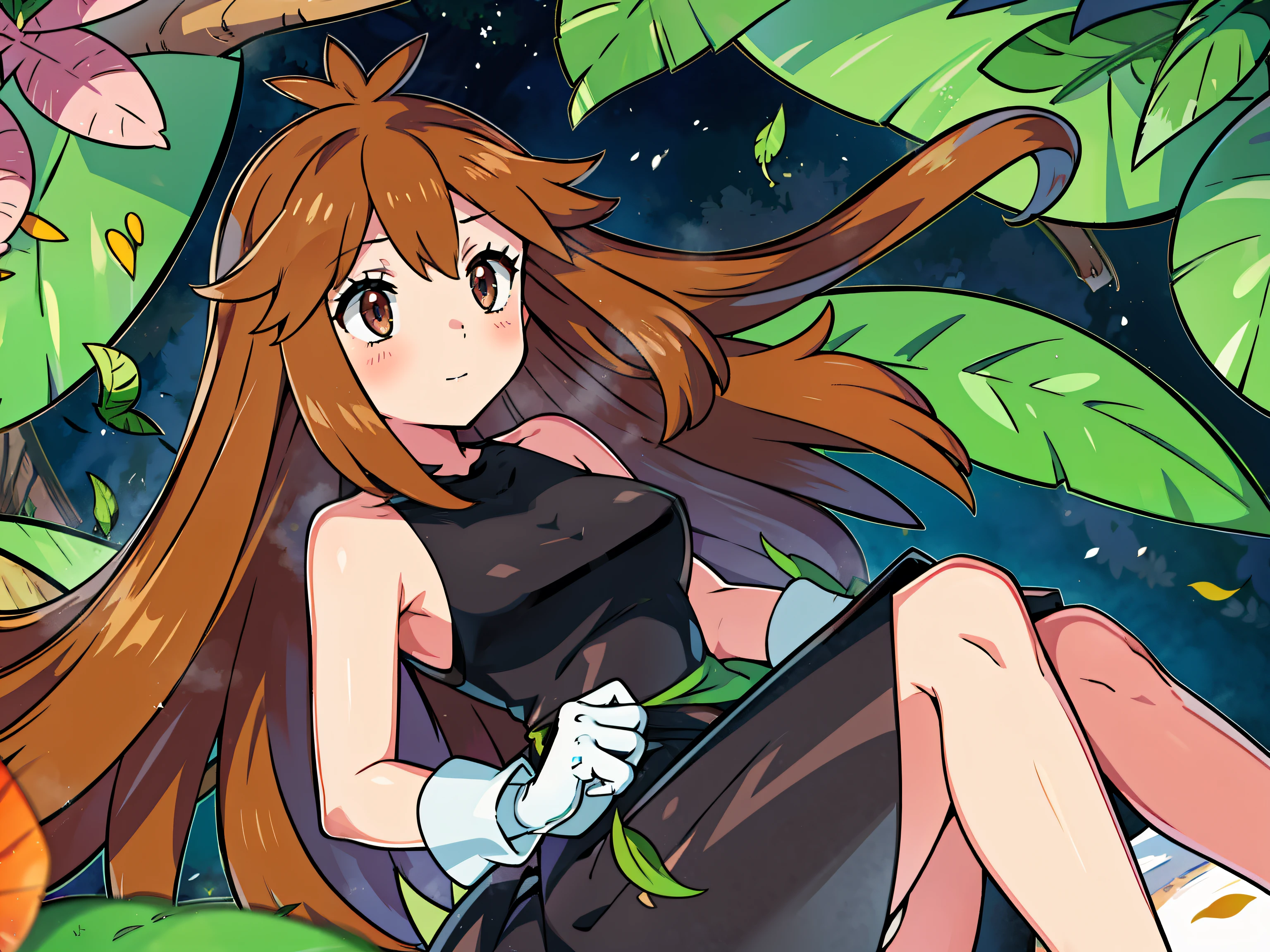 ( highest quality)( Masterpiece)(Pokemon Leaf) ( best quality)(Masterpiece)(pokemon leaf),(Plain、black sleeveless dress,1.6)girl full body shot,(White gloves:1.2),(girl, dark orange-bronze hair, long hair,hairs between eyes,swept bangs,hair,:1.2)(cuddle:1.2) flipped long hair 先端(medium breast) 1girl ,great joy,cheerful、powder light, long hair fluttering in the wind 、Girl with a fluttering skirt,( steam:1.1),