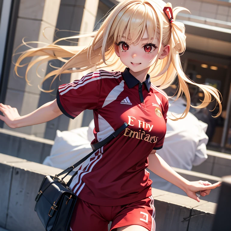 (8K, RAW Photos, Highest quality, masterpiece:1.2), (Realistic, photo-Realistic:1.4), (Highly detailed 8K wallpapers), ((Full Body Shot)), (1 girl), Sharp focus, Depth of written boundary, Cinematic lighting, Soft Light, 緻密な美しさのeye, eye_Chan, Very beautiful 17 year old girl, innocent big eyes, Realistic, photo Realistic, Highly detailed cute girl, (Thin thighs), (Model Body Type), (((Arsenal Soccer Jersey))), ((Micro Mini Pleated Skirt)), (((Fold your arms in front of your chest and act arrogantly))), ((A happy smile)), Parted lips, Watching the audience, (On the streets of Britain) , (Blonde),(Long Bob Hair), (Asymmetrical bangs)