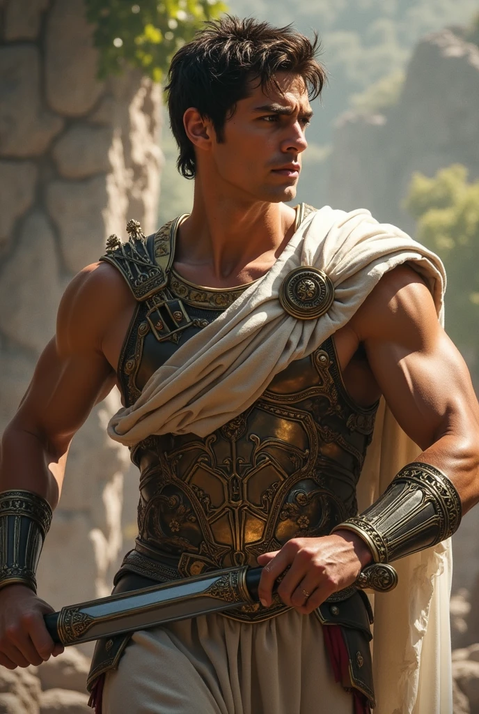 ((masterpiece)),((best quality)),8k, high detailed, ultra-detailed, Stylish Pose, real skin texture, dark cinematic lighting, full body shot, 35 mm lens, (masculine:1.6), 26-year-old Italian male model, handsome Roman, he is the god of war, he is Ares, Mars, evil-looking, strong look, light blue eyes, strong jawline, (dressed as a gladiator:1.2), (ancient gladiator:1.5), male gladiator skirt, shaved face, short wavy hair, dark brown, shirtless, top naked, smoke, fire, open field, battle, background, blood on his chest, , smooth skin, flawless skin, high detail, destroyed ancient Rome, (ancient army in the background:1.3), dark cloudy night,,,,,Depth of field