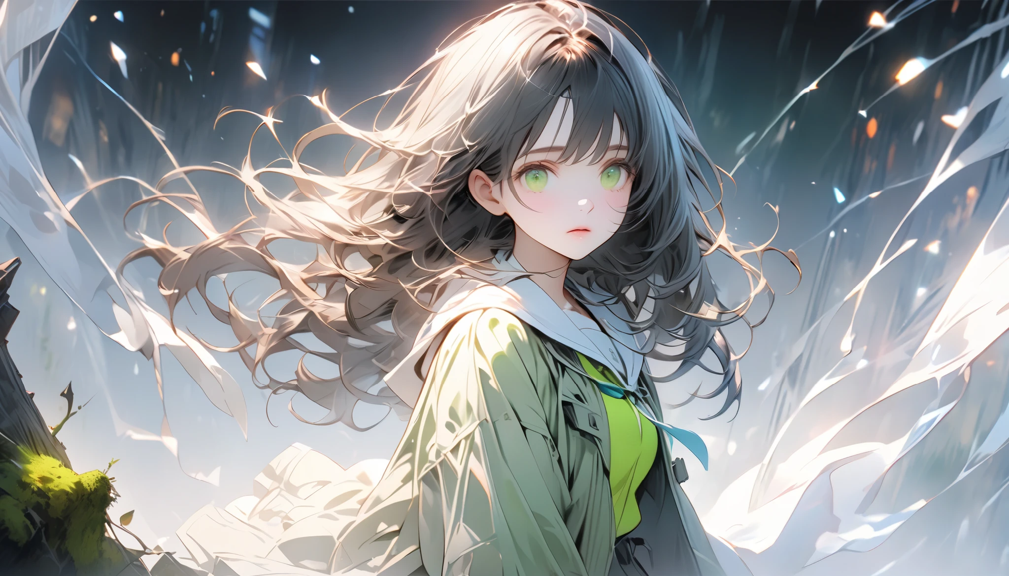 One young woman in a miniskirt,full body, holding the cold air with a pensive expression, feels both anxious and strong. An atmosphere of quiet reflection and hope hangs over her. There is an expression of determination on her face. The soft and delicate shading gives a sense of inner strength amidst uncertainty. The scene conveys a sense of inner conflict and introspection, highlighting doubts and anxieties. Highly detailedElegant and detailed, adding a dramatic and symbolic element to the scene, deep borders, bokeh, smooth textures, ultra detailed, high resolution, ultra detailed, (best quality, 16K, high resolution, masterpiece), subtle colors, vibrant colors, professional lighting, beautiful details with little projection, medium long hair, dark haired woman, pale skin, moss green eyes, miniskirt, full body