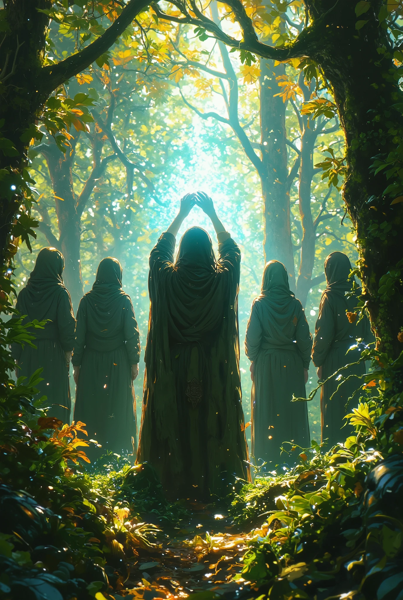 A mystical gathering of hooded druids in an enchanted forest, bathed in golden sunlight filtering through the towering trees. The scene is magical, with lush green moss covering the forest floor and tiny glowing particles floating in the air. In the center, a powerful druid raises their arms, summoning crackling blue energy that illuminates the surroundings. The other druids stand in a sacred circle, their robes adorned with intricate patterns, blending seamlessly with nature. The atmosphere is ethereal, a perfect harmony of magic and nature, as if ancient rituals are being performed in a hidden realm. The sunlight streaming through the dense canopy creates a dreamy, divine glow, enhancing the fantasy-like scenery. A hyper-detailed, cinematic fantasy artwork with soft lighting, dynamic composition, and realistic textures.