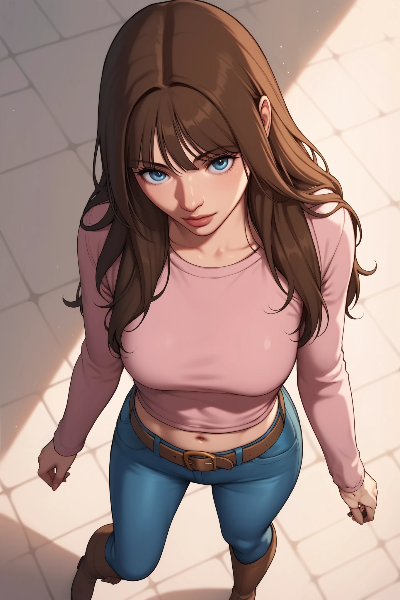 score_9, score_8_above, score_7_above, Kang Yuna, blue eyes , dark brown hair, long hair, medium breasts, navel, belt, pink blouse, long sleeves , blue jeans, brown knee boots,