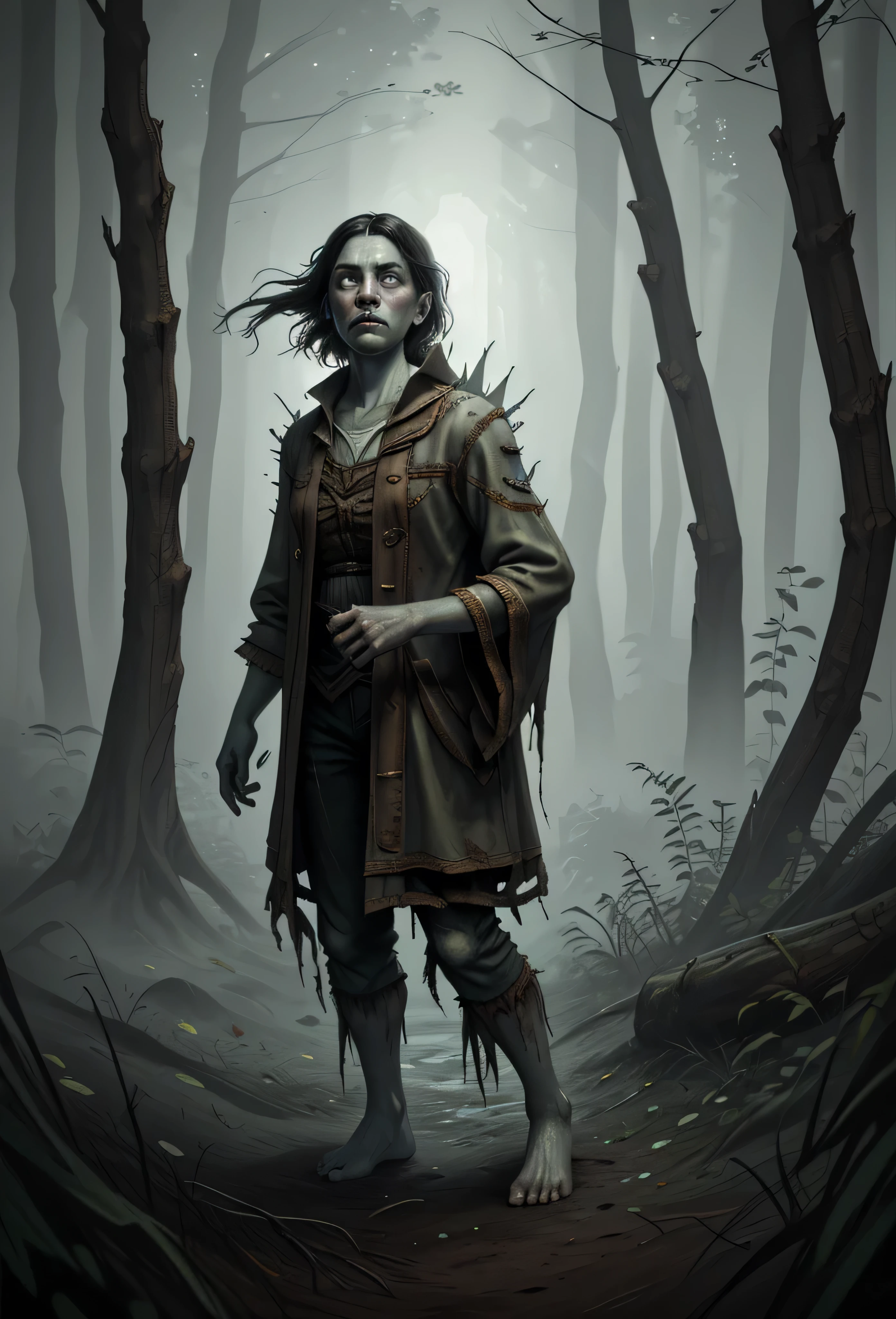 human, european appearance, 1child, 1teen, 1baby, ghostly, wanders, eerie mist-covered forest, small figure barely visible, dim glow, pale translucent skin, eyes hold the sorrow of a soul lost between worlds, tattered old-fashioned clothes, holds faded stuffed toy, spectral energy, bare feet, searching yearning for something, trapped between life and beyond, lost innocence spirit, (insanely detailed, beautiful detailed face, masterpiece, best quality), cinematic lighting, solo, cowboy shot, front view, looking at viewer, intricate, high detail, sharp focus, dramatic, photorealistic painting art by greg rutkowski