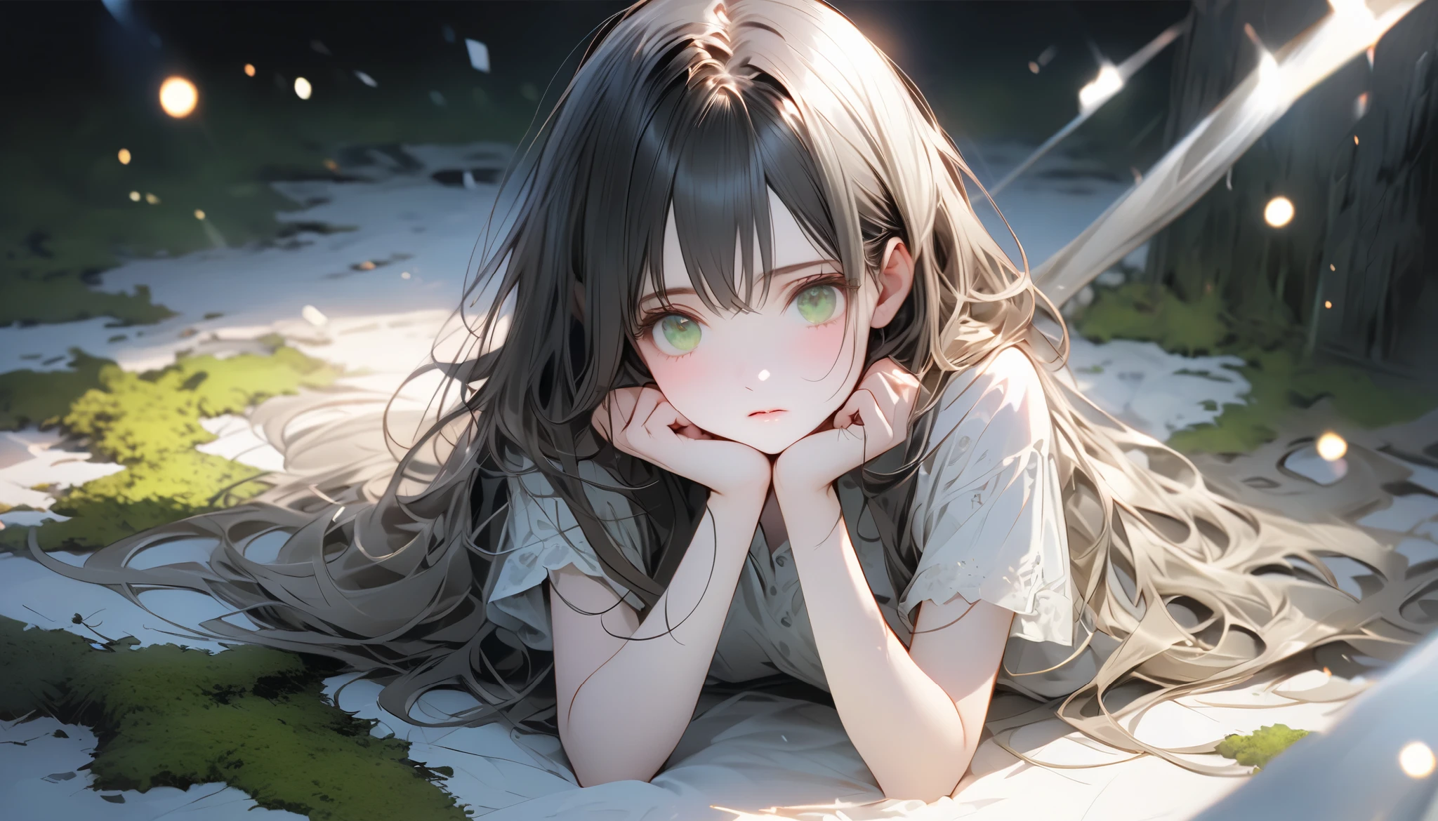 One young woman in a miniskirt,full body, holding the cold air with a pensive expression, feels both anxious and strong. An atmosphere of quiet reflection and hope hangs over her. There is an expression of determination on her face. The soft and delicate shading gives a sense of inner strength amidst uncertainty. The scene conveys a sense of inner conflict and introspection, highlighting doubts and anxieties. Highly detailedElegant and detailed, adding a dramatic and symbolic element to the scene, deep borders, bokeh, smooth textures, ultra detailed, high resolution, ultra detailed, (best quality, 16K, high resolution, masterpiece), subtle colors, vibrant colors, professional lighting, beautiful details with little projection, medium long hair, dark haired woman, pale skin, moss green eyes, miniskirt, full body