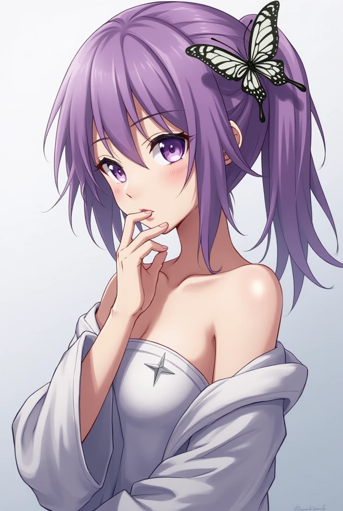 Ponytail,purple hair, purple eye, nude