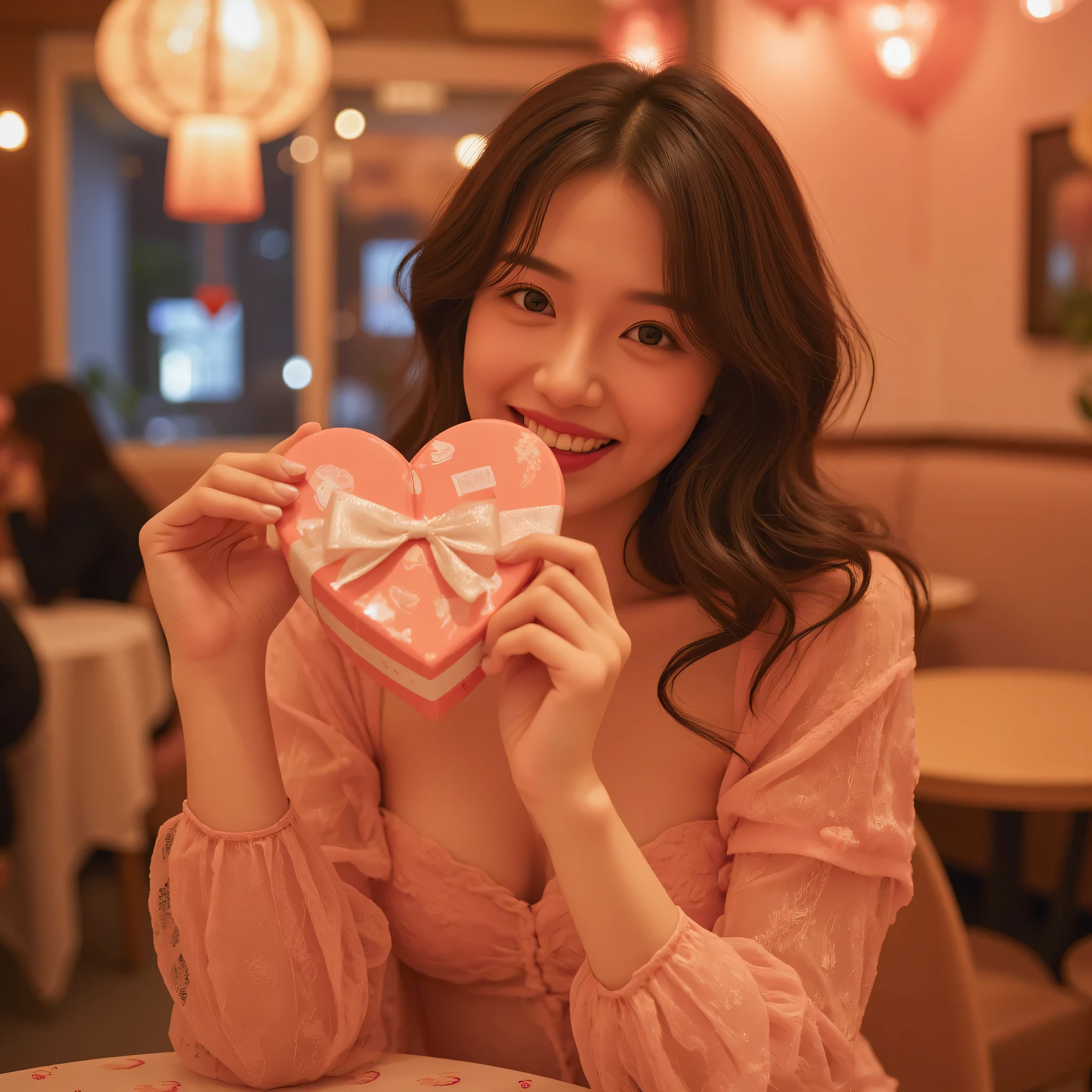 A charming 20-something cute sexy Japanese person celebrating Valentine's Day. They are dressed stylishly in warm, romantic colors such as soft pink and red, wearing a revealing outfit that highlights their allure. Holding a beautifully wrapped chocolate gift, they have a happy and excited expression. The scene is set in a cozy café with heart decorations, warm lighting, and a dreamy atmosphere. The mood is filled with love and anticipation, perfect for a Valentine’s Day setting.