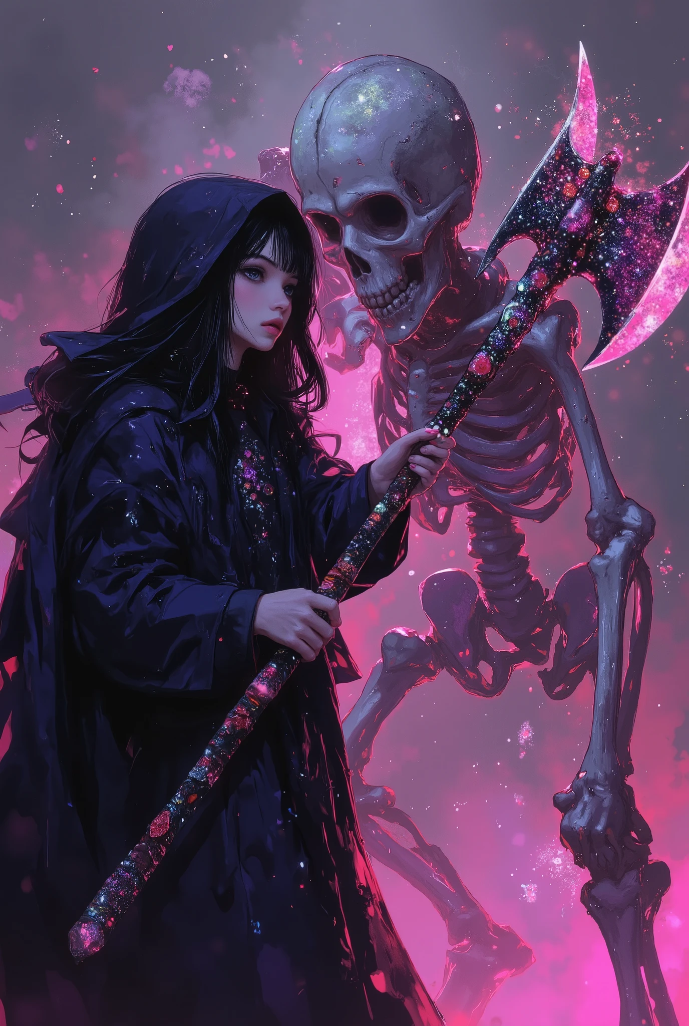  ((( young beutiful wizard, wear eeriec black robe and hat, inside old rose pinks turttleneck))), Rival stabs the (((skeleton monsters))) with (((large glemering old rose pinks axe))) ,with a place on fire. attacking pose. fighting pose. dramatic scene. horror light and embient. duel scene