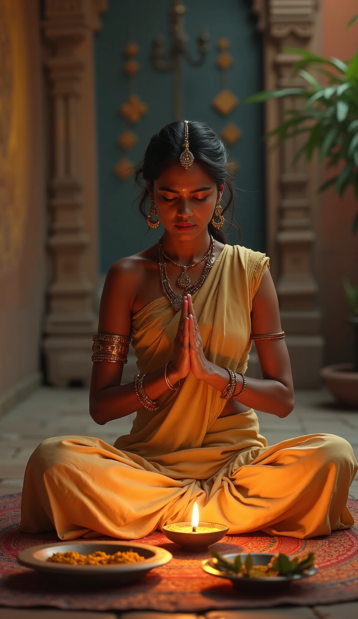 Traditional indian woman exercising squats in her palace,brown skin,beautiful