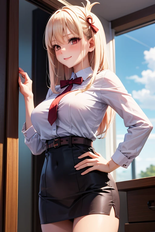 (1girl:1.3), Masterpiece, Best quality, amazing beauty, 4K, absurdres, finely detail, super detailed eye, perfect anatomy, official art, cinematic lighting, BREAK, Hotel, silky long hair, silky ponytail, blonde, Staring Intently, embarrassed, BREAK , big breasts, , slender, sitting bed in bedroom, BREAK , (school uniform:1.2), BREAK,()
