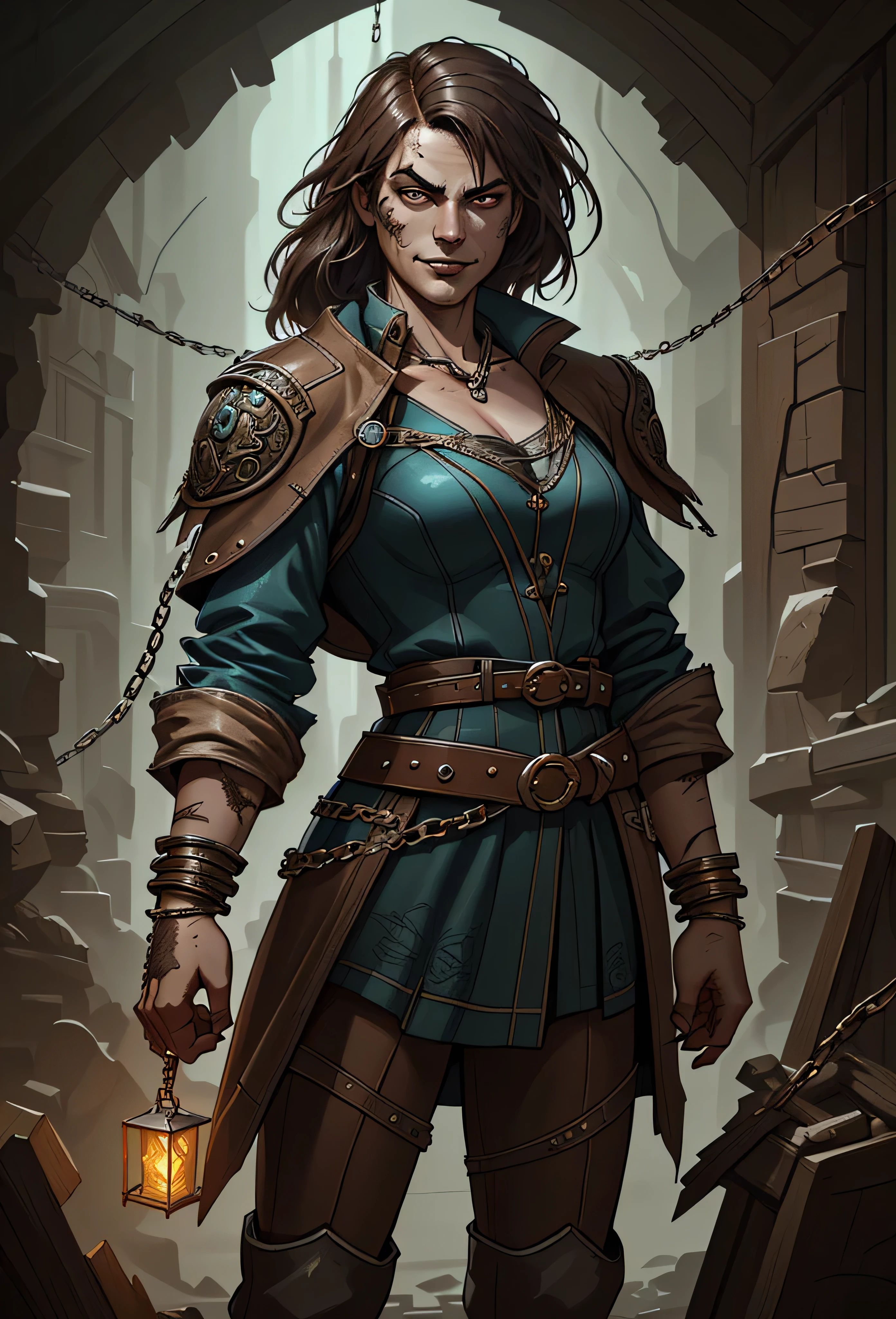 human, european appearance, 1female, 1woman, 1girl, ruthless slaver, stands, wooden platform, long tattered leather coat, adorned with chains, trinkets of past conquests, heavy belt filled with iron keys, scarred face, cruel smirk, chained prisoners, wrists bound with enchanted shackles, dim torchlight, (insanely detailed, beautiful detailed face, masterpiece, best quality), cinematic lighting, solo, cowboy shot, front view, looking at viewer, intricate, high detail, sharp focus, dramatic, photorealistic painting art by greg rutkowski