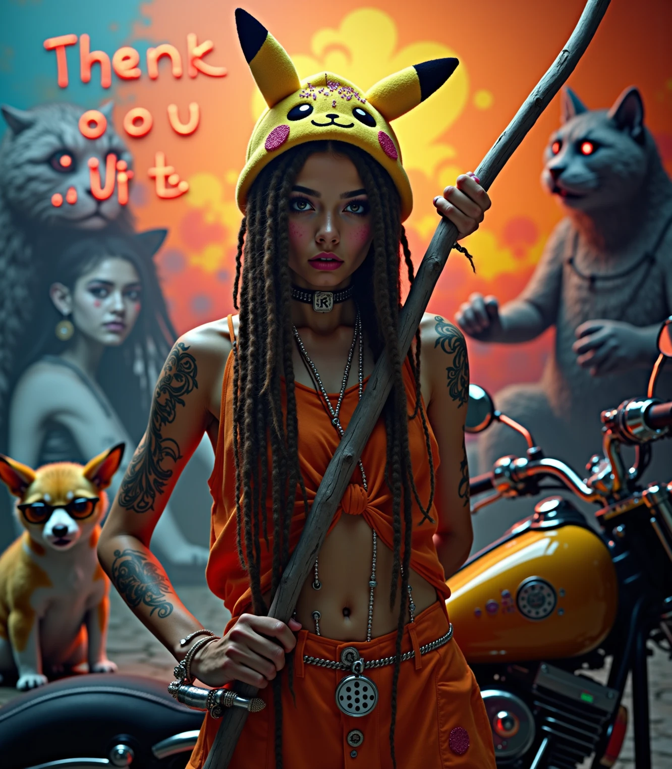 Young sexy malay women in super mario costume outfit with long spiky colorful punk hair singing rock song in waste disposal site, night, serious face, nighttime, in school of rock movie style, hyper - realistic photography, dramatic effect, smoke effect in background, dark color grading, full body, 8k, close - up shot, extreme close - up photo