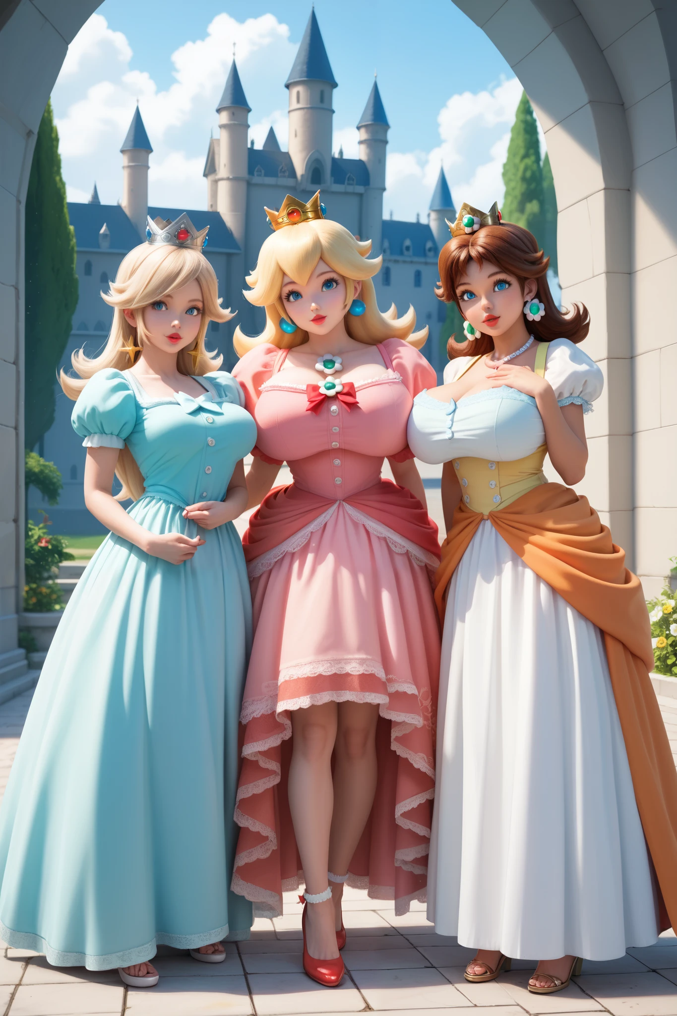 (BelleWaifu:1), mature, (mostlt nude, yellow dress, tiara, lifted skirt:1.2), (yellow strapless dress, exposed breasts, puffy dress, long hair, bun), (hair bun), (yellow dress showing breasts), (princess dress), large round eyes, (brown hair), (dress:1.2), (realistic:1.2), (masterpiece:1.2), (full-body-shot:1),(Cowboy-shot:1.2), light particles, castle, (winter), dark romantic lighting, (highly detailed:1.2),(detailed face:1.2), (gradients), colorful, detailed eyes, (detailed landscape:1.2), (natural lighting:1.2),(detailed background),detailed landscape, (dynamic pose:1.2), wide shot, solo, (huge saggy breasts:1.3), exposed thick round nipples, bliss, ahegao, happy, smile, exposed pubic hair, lifted skirt, nsfw, lewd, mostly nude, plump, voluptuous, huge ass, nsfw, lewd, thick pubic hair, pubic hair