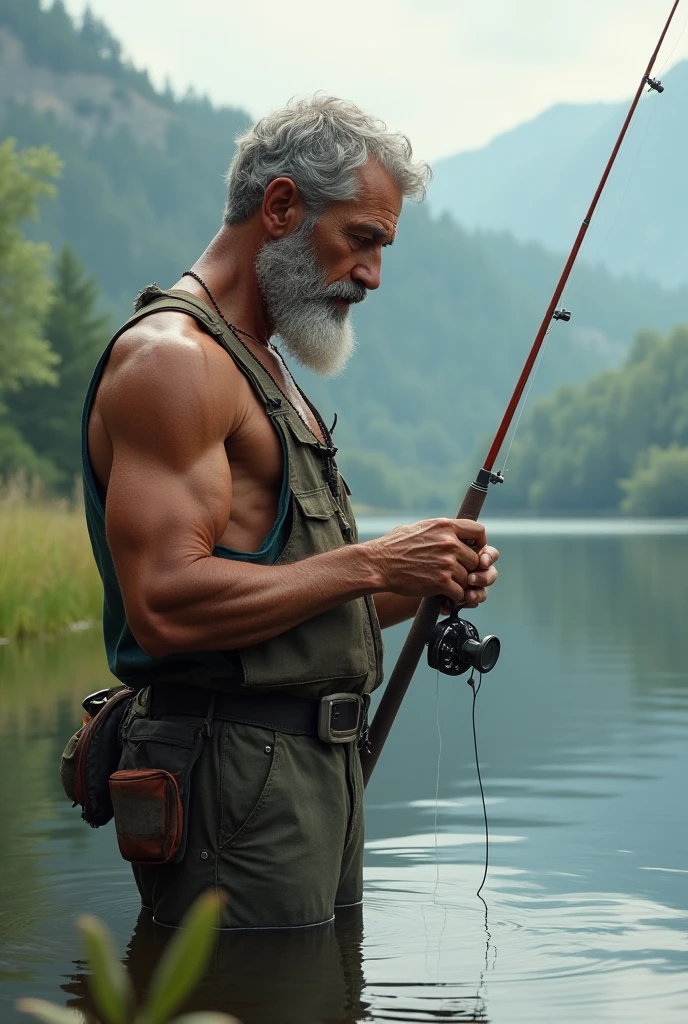 Guy with dad bod holding fishing pole near groin 