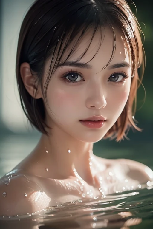 (Hyper-realistic), (Illustration), (High resolution), (8K), (Extremely detailed), (Photorealsitic), (Beautiful detailed eyes), (Best Quality), (Ultra-detailed), (masutepiece), (Wallpaper), (Detailed face), Solo 1 Girl, Black hair, Short hair, Towel, sauna, Wet, Water, Wet clothes, Bath, hot onsen