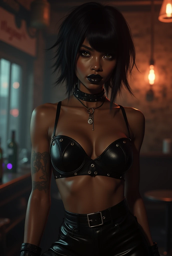 (best quality, masterpiece, 4k, extreme detail, anime), 1girl, slutty, bimbo, ((black girl, African American, black skin)), heavy makeup, bicker jacket, studded clothes, patches, topless, exposed breasts, dark nipples, hourglass figure, large breasts, (abbs), muscular, (((leather pants))), (arms crossed across chest), disguised, black hair, punk hair, spiked collar, in a run down squat