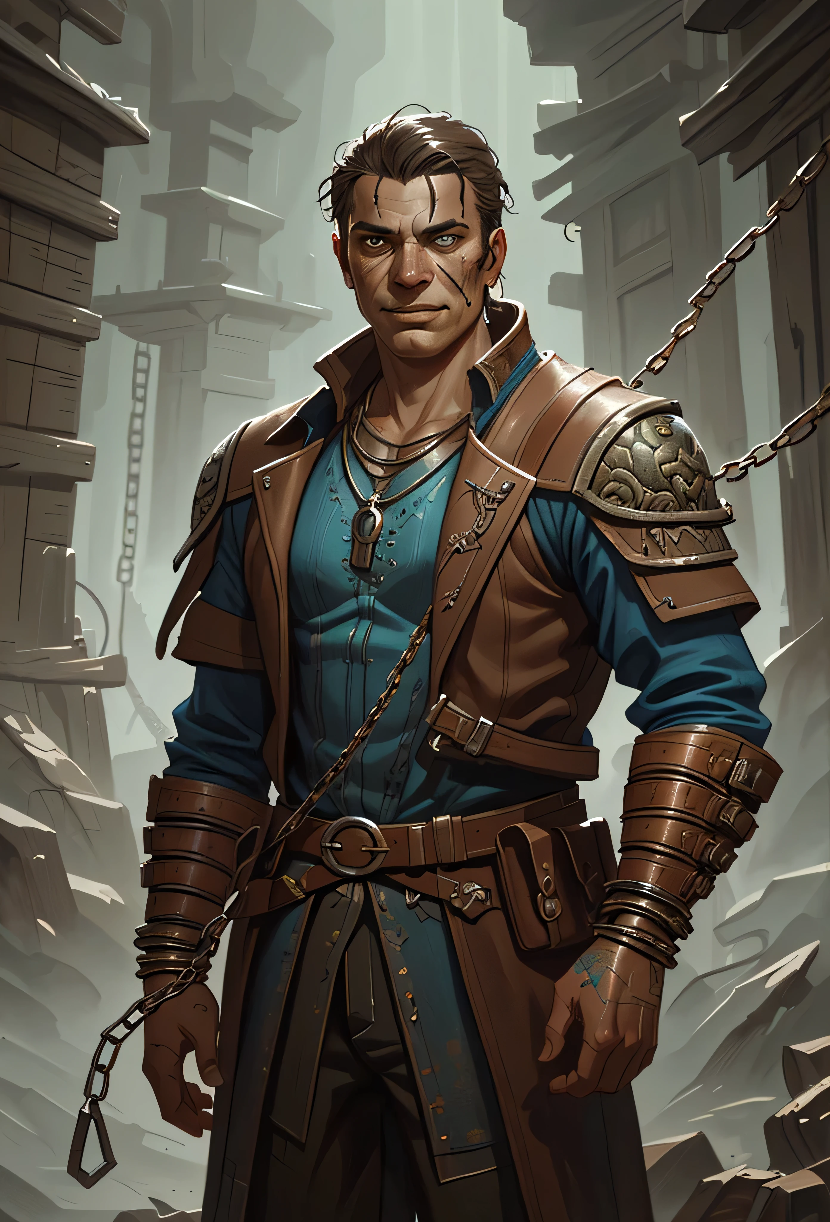 human, european appearance, 1male, 1man, 1boy, ruthless slaver, stands, wooden platform, long tattered leather coat, adorned with chains, trinkets of past conquests, heavy belt filled with iron keys, scarred face, cruel smirk, chained prisoners, wrists bound with enchanted shackles, dim torchlight, (insanely detailed, beautiful detailed face, masterpiece, best quality), cinematic lighting, solo, cowboy shot, front view, looking at viewer, intricate, high detail, sharp focus, dramatic, photorealistic painting art by greg rutkowski