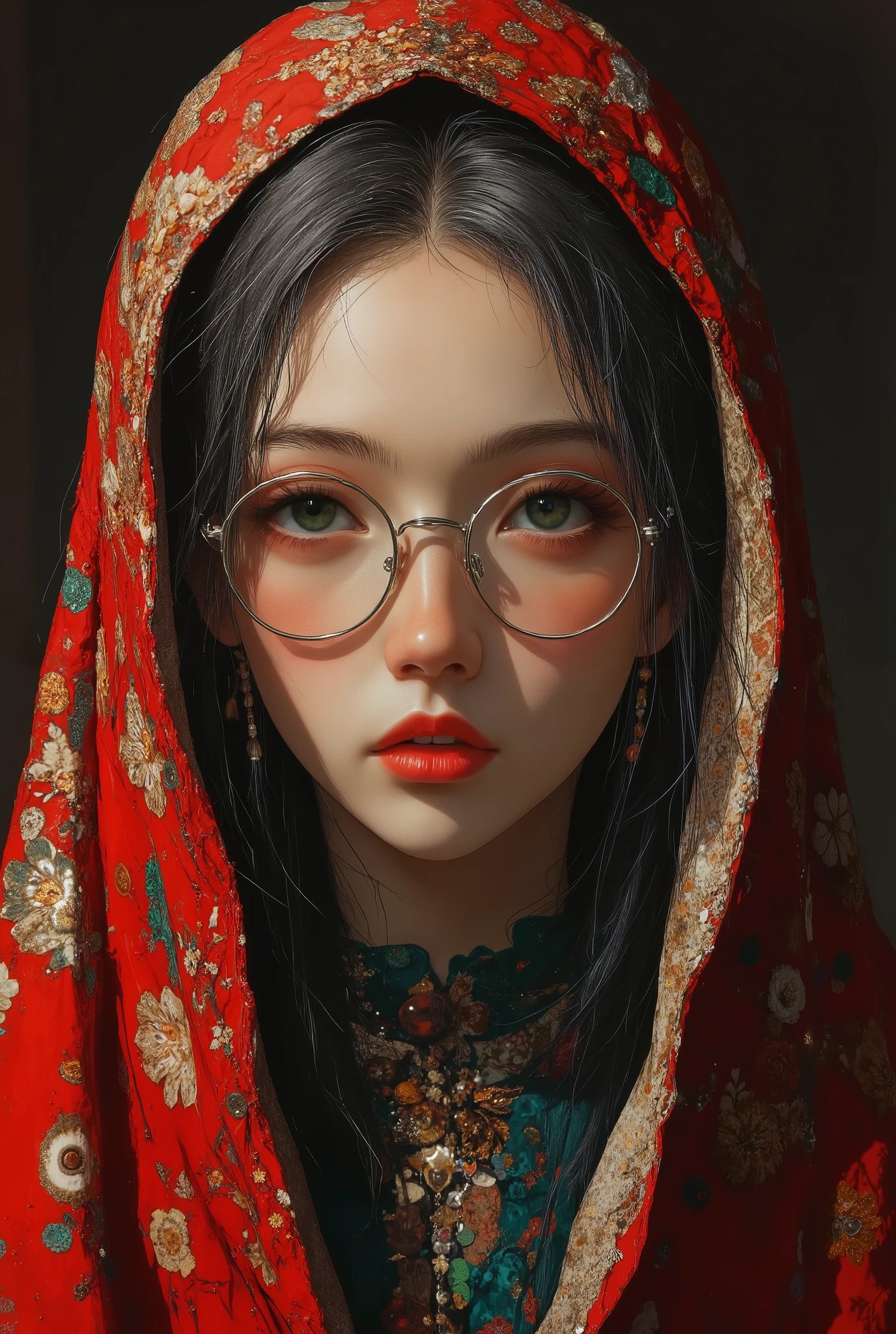 (photorealism:1.2), ((best quality)), ((masterpiece)), (detailed), A highly detailed portrait of a old women with a blend of features inspired by two references. elegant appearance. His skin has a natural, slightly freckled texture, adding character to his appearance. His eyes are striking icy silver, like in the first reference, adding a mesmerizing and intense look. The background is softly blurred, keeping the focus on his distinct features and giving the scene a warm, natural glow.. big glasses on face, with wise aura. front face. close up pic. another hand holding glemering magic book. wearing red poppies color wizard robe. teal color turttleneck inside robe. pointy hat color red poppies