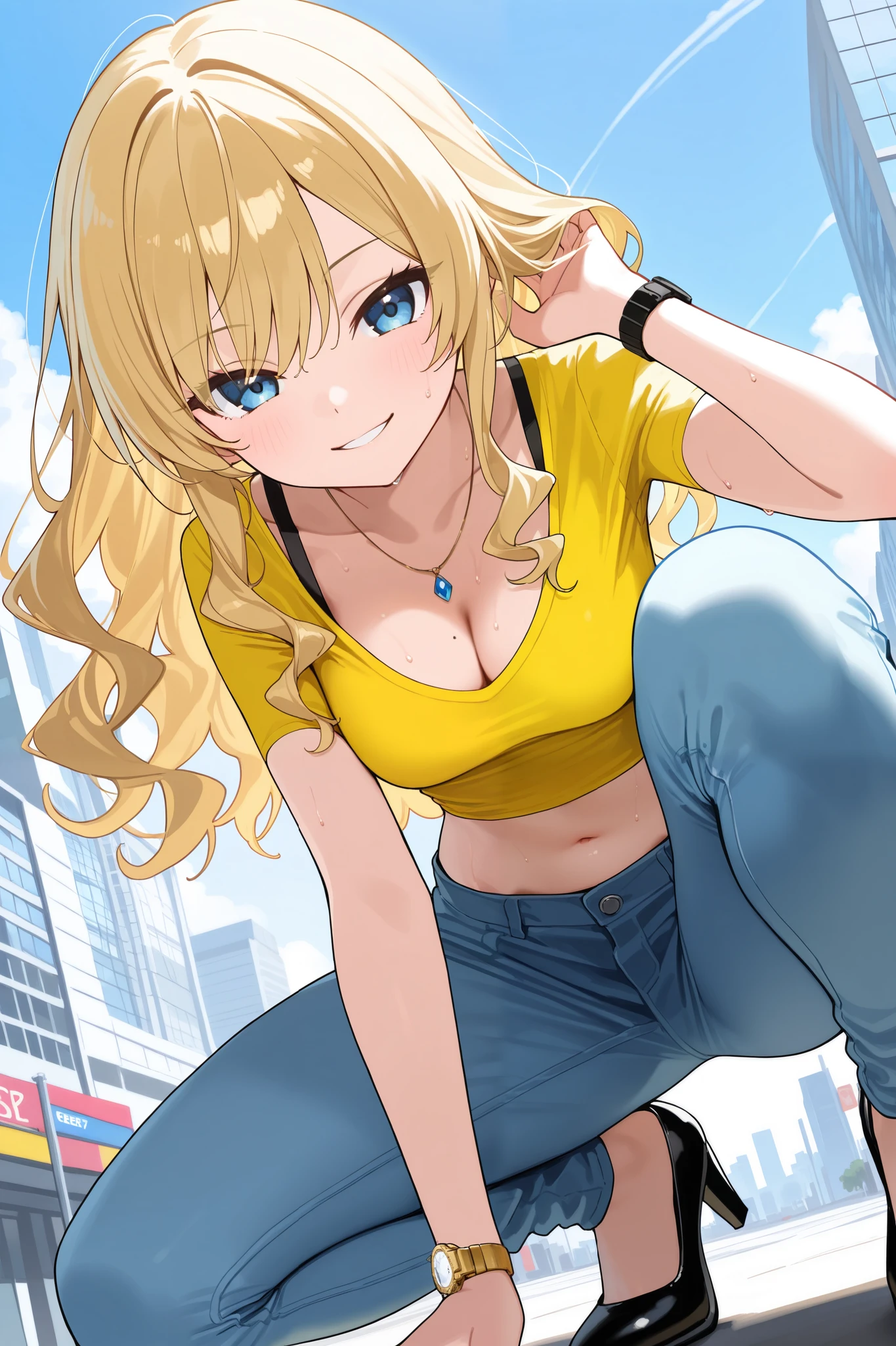 ((masterpiece, best quality, high quality, detailed, highly detailed, professional quality)), BREAK, low angle, BREAK, 1girl, tall stature, slim, long hair, gold hair, wavy hair, BREAK, moonlight-blue eyes, deep-set eyes, seductive expression, straight nose, BREAK, medium breast, cleavage, navel, BREAK, (shirt on under wear), pastel yellow shirts, sweat shirt, white under wear, BREAK, yellow cropped pants, BREAK, pumps, stockings, BREAK, watch, BREAK, necklace, BREAK, seductive smile, looking at viewer, leaning forward, BREAK, squatting, dynamic pose, posing, BREAK, blue sky, city, bustling Tokyo street