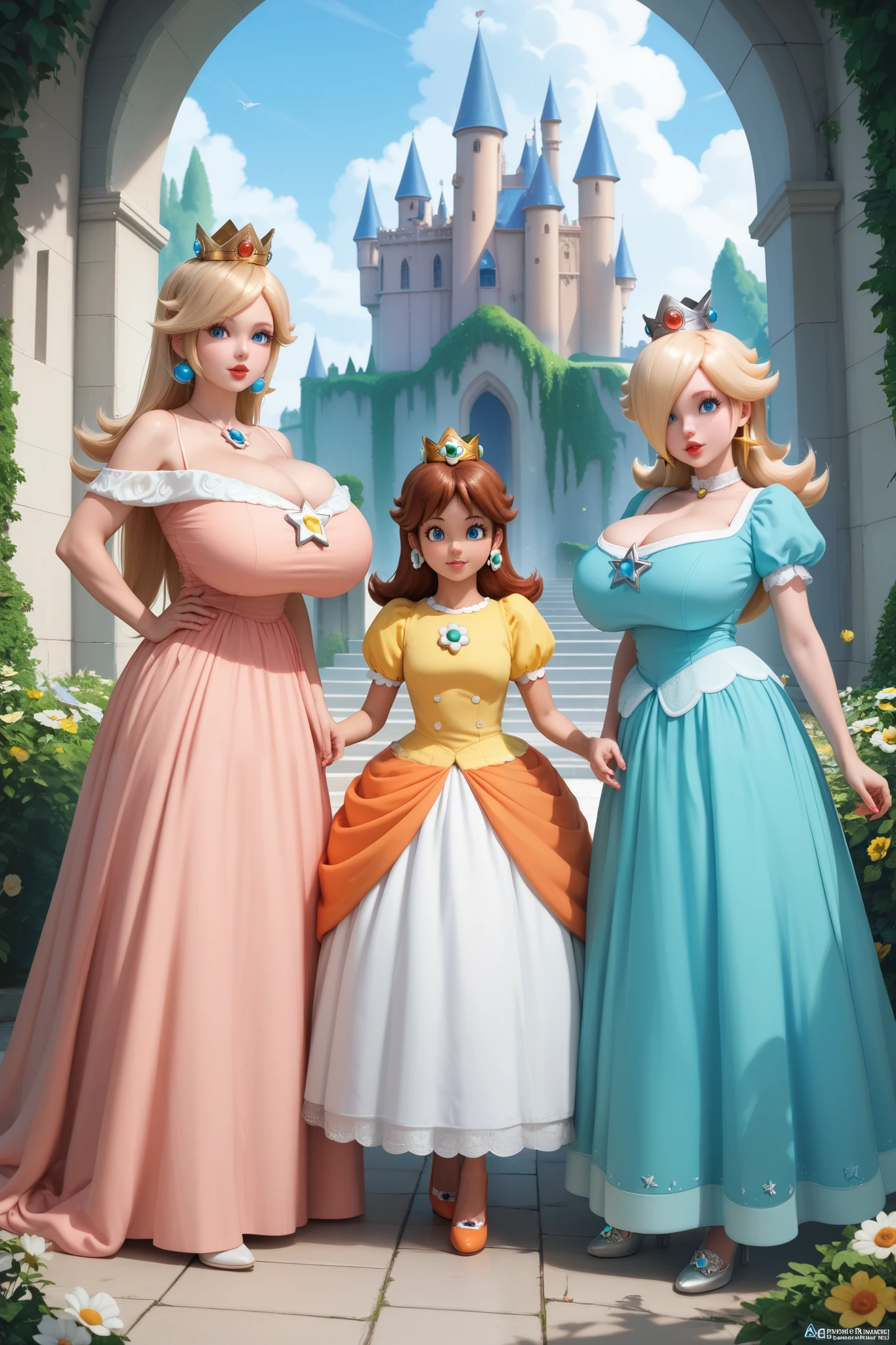 Three princesses are standing in a castle, looking at the viewer. These princesses are Princess Peach, Princess Daisy, and Princess Rosalina. They are all wearing their respective floor length dresses and all have gigantic breasts, (3girls), highly detailed, masterpiece, standing next to each other, same height, blue eyes, red lips, small noses