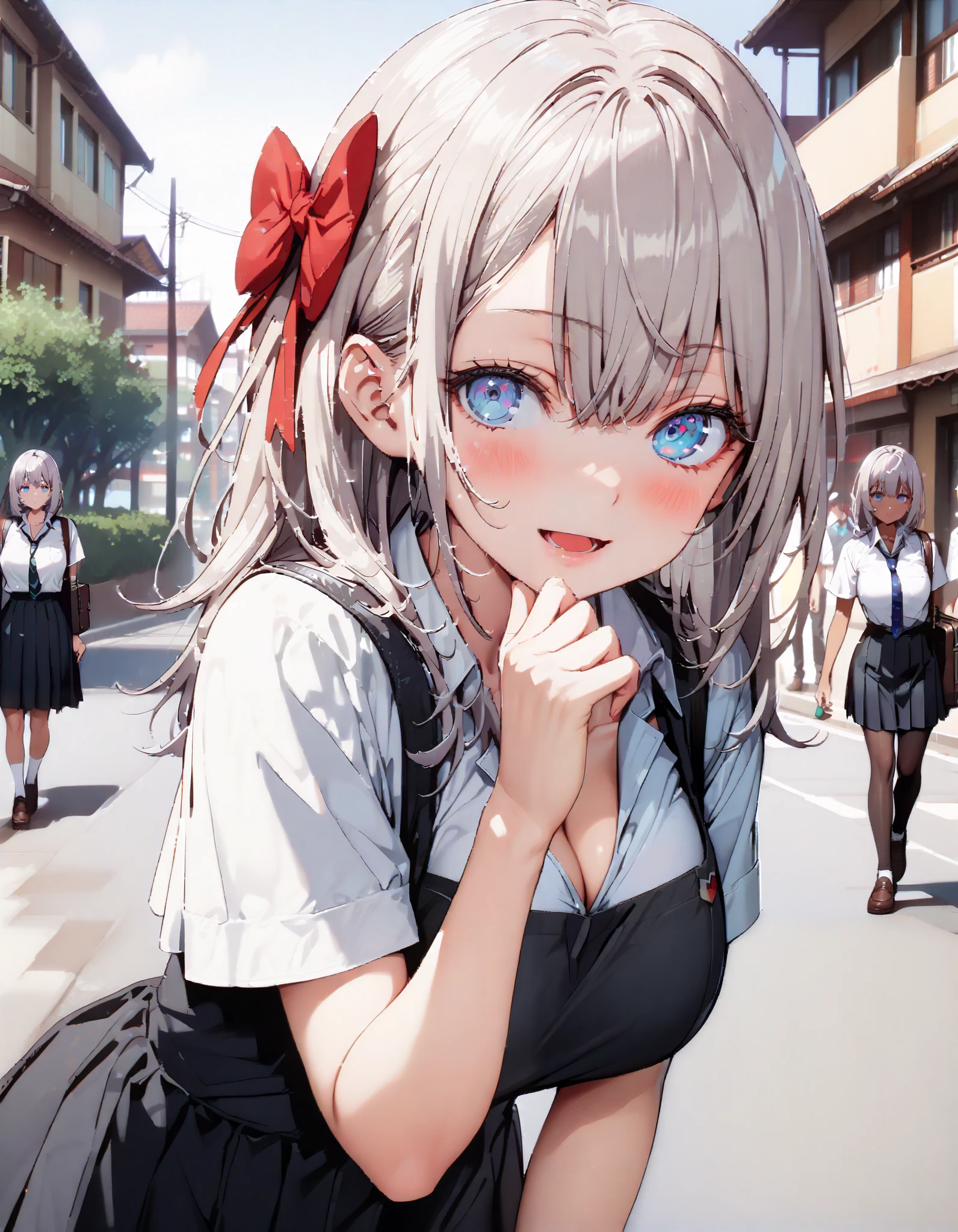 alisa mikhailovna kujou , long hair, bangs, blue eyes, hair bow, stupid hair, Grey Hair ,smile,blush, open your mouth, school uniform, tan, white shirt, Short sleeve, Big Breasts, cleavage, gal, collared shirt,Short sleeve,School bag , black mini pleated skirt , rib tights , black pantyhose, loafers, for tomorrow, in the sun's nature,whole bodyがイラストに入るように,
break outdoors,Around town, break looking at viewer,whole body, break ( Masterpiece:1.2), highest quality , kampala, Unity 8k Wallpaper,(shape:0.8),( fine, beautiful eyes :1.6),It's a person ,whole body写真,CG Details , ( perfect hand, Complete Anatomy),