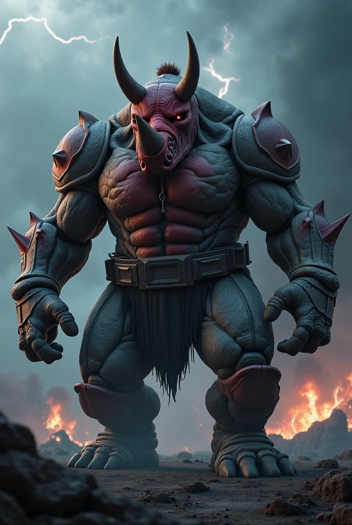 Create an image of an ogre standing approximately three meters tall in a vivid red grassy field. The ogre has a physique resembling a heavily trained bodybuilder, with prominent, well-defined muscles that flex and move with every motion. Its skin is a bright, blood-red color, reflecting intense violence and brutality embedded in its very cells.
The ogre’s face is sharp and menacing, with small, fierce eyes that convey aggression and rage. It has four pairs of sharp tusks protruding from its lower jaw—two on the left and two on the right—extending outward and slightly upward from its mouth. These tusks are long and pointed, adding to its fearsome and dangerous appearance.
The most striking feature is the pair of large, curved horns protruding from the sides of its forehead. These horns extend backward from the forehead, curving smoothly and sharply over the head, ending well past the crown in a graceful yet menacing arc. The horns appear to be forged from steel, with a robust and slightly curved shape, enhancing the ogre's imposing and formidable presence.
The ogre wields a massive wooden hammer that looks capable of crushing anything in its path. Despite its enormous size and heavy appearance, the ogre holds it with ease. The hammer shows signs of extensive use, with cracks and wear on its head, adding to its menacing aura. The field of grass around the ogre is a striking red, providing a dramatic backdrop that contrasts with the ogre’s bright red skin, emphasizing its intimidating presence in this surreal environment.