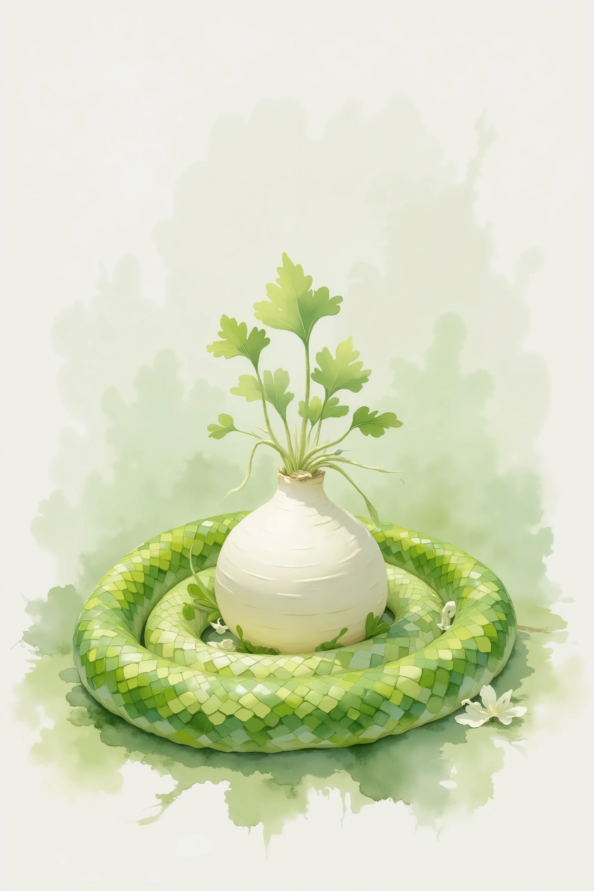 snake watercolor, watercolor painting of a green snake, pastel coloring, daikon in background, color fading