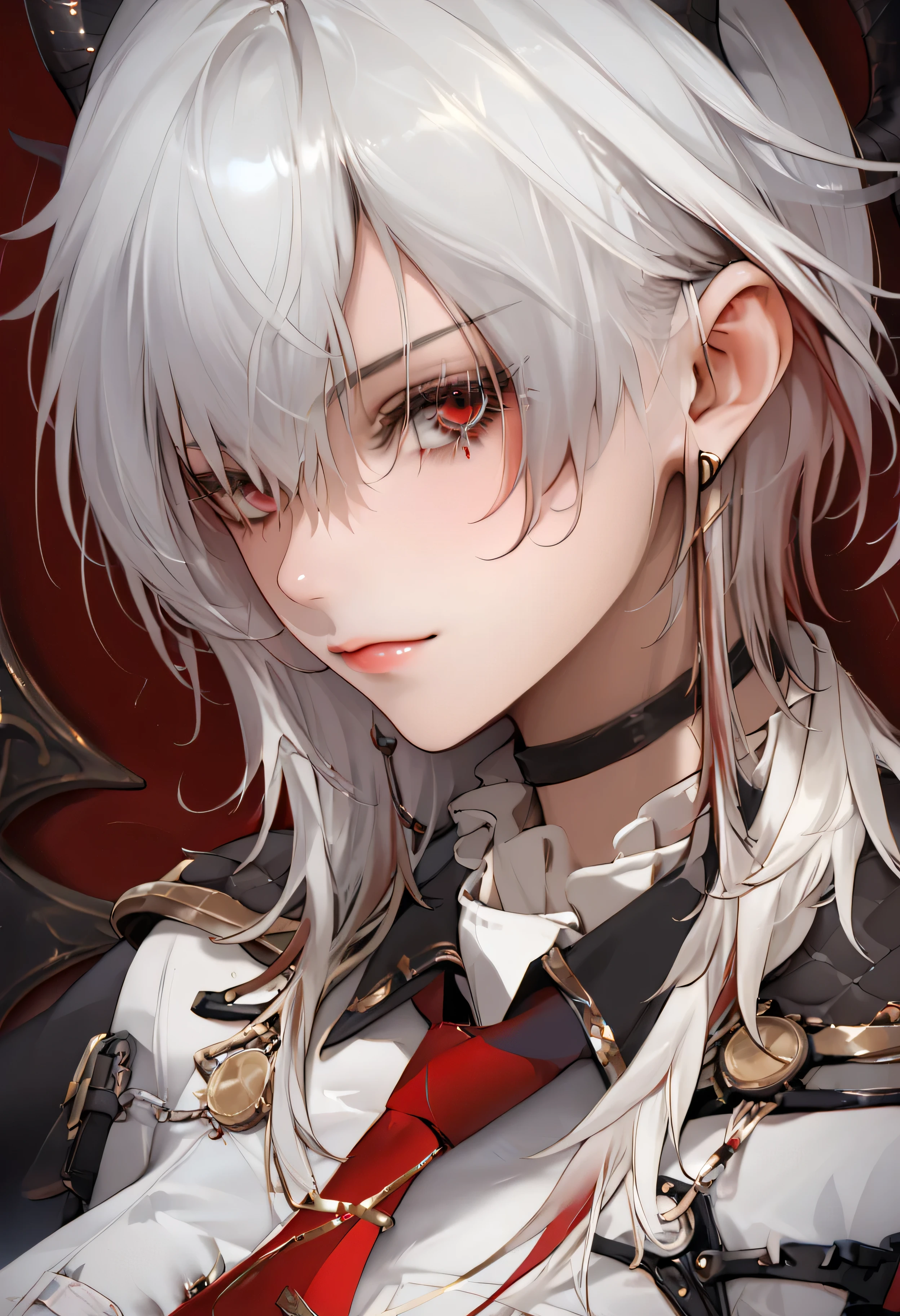 score_9, score_8_up, score_7_up, Girl's profile picture, realistic skin texture, detailed picture, close-up, HD32k, white hair, red eyes,Painstaking Attention To Details,An anime-style female character with silver-white short hair, red eyes, and black curved horns. She wears a white military-style uniform with gold and red accents, black gloves, and a long black cape with quilted lining. Her outfit includes a red tie, gold chains, and a belt with a pocket watch. She has a confident and serious expression.