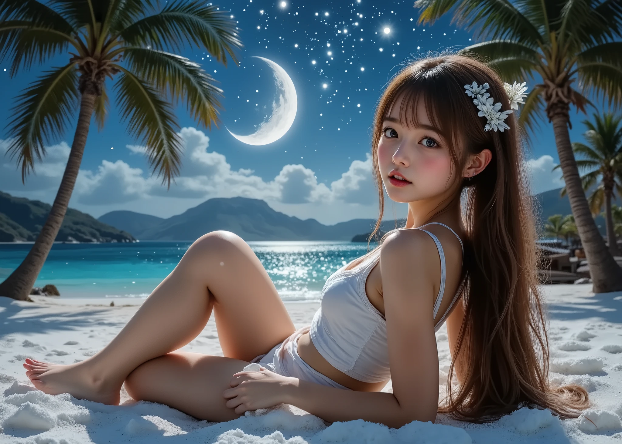 Realistic beautiful single girl 、 Maroon Straight Long Hair With Bangs、 clear white skin 、 amazing proportions 、 A Midsummer Night's Dream、 palm trees、Lying on a white sand beach in a calm ocean where the moon sets 、 I'm lying on my back on a sandy beach and staring at the stars in the sky、Stars full of stars in the sky 、 fairy tale