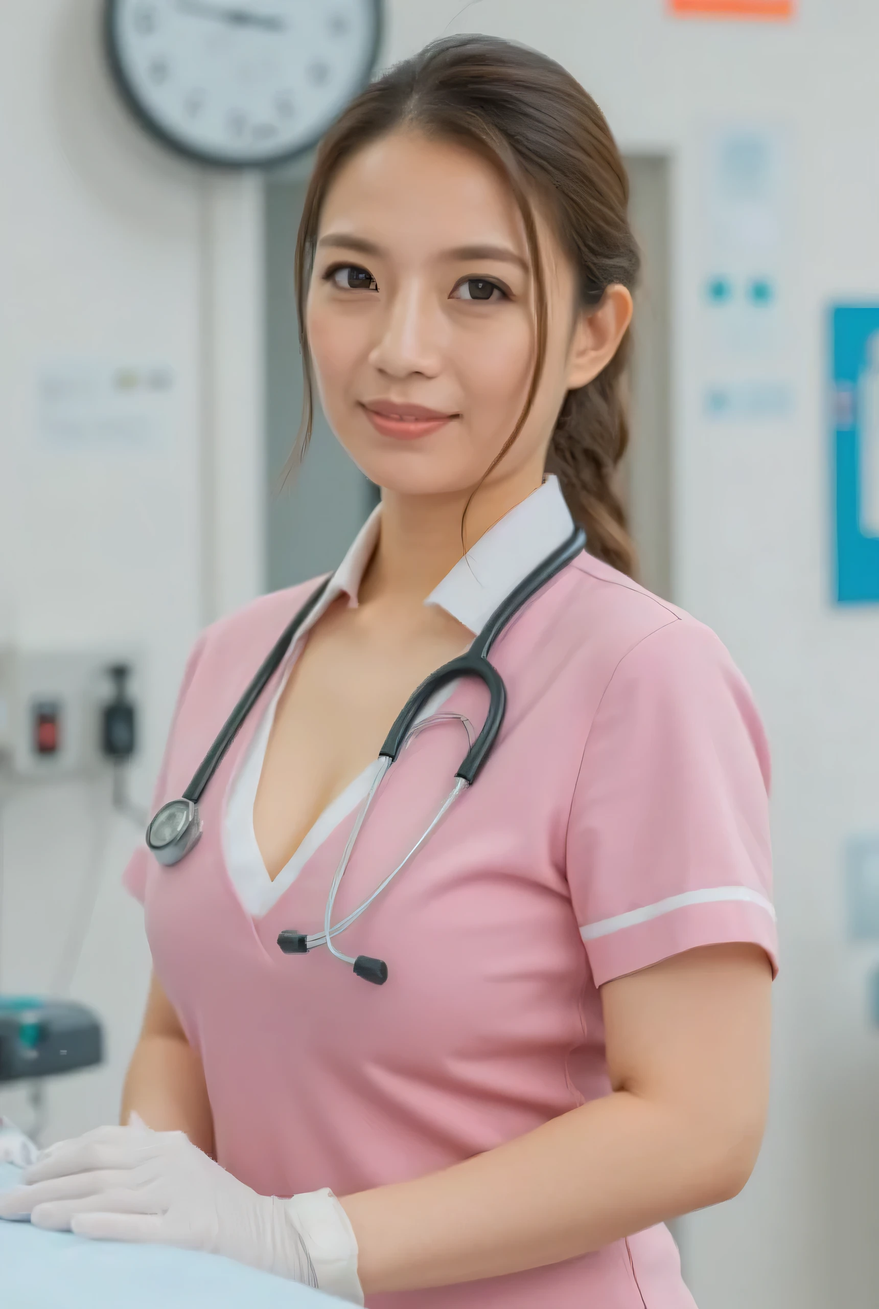 (photo actual: 1.4), (hyper actual: 1.4), (actual: 1.3), (smoother lighting: 1.05), (improved quality of movie lighting: 0.9), natural light, professional photo, actual portrait , (1 female), medium length hair, beautiful face and eyes, very cute face, smile, energy, energy, (real short nurse uniform: 1.2), light pink, white, (open chest nurse uniform :1.4), (ward), stethoscope, white wallpaper, sexy girl portrait, (view from below:1.2)