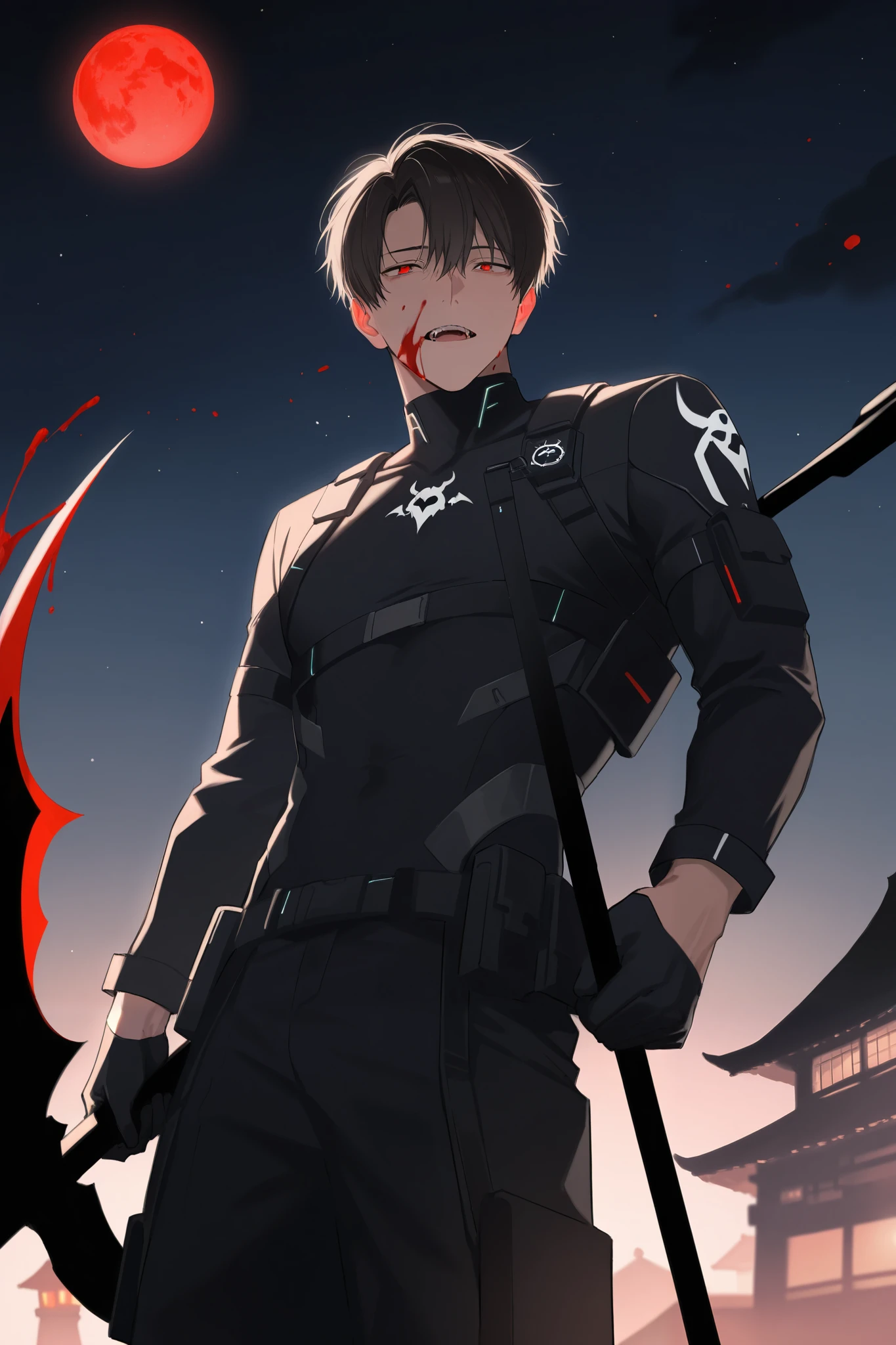 1guy, brown male, black techwear, holding large scythe, japanese demon mask, (no horns), ((night)), blood moon
