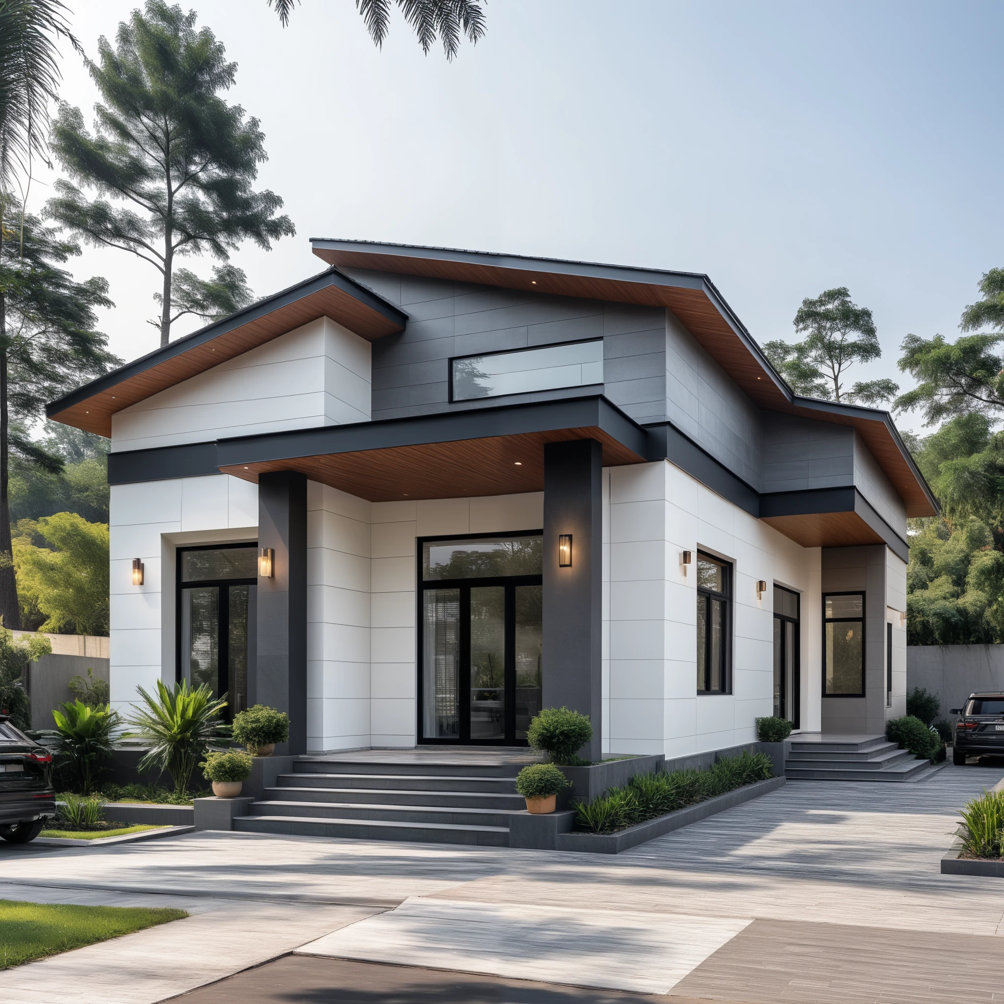 (masterpiece:1.2), best quality, photo of A two-story modern house with white walls and dark tiles on the roof, tree and plant, streetcapes, natural light, The exterior of an elegant single family home features large windows, a dark gray door frame.