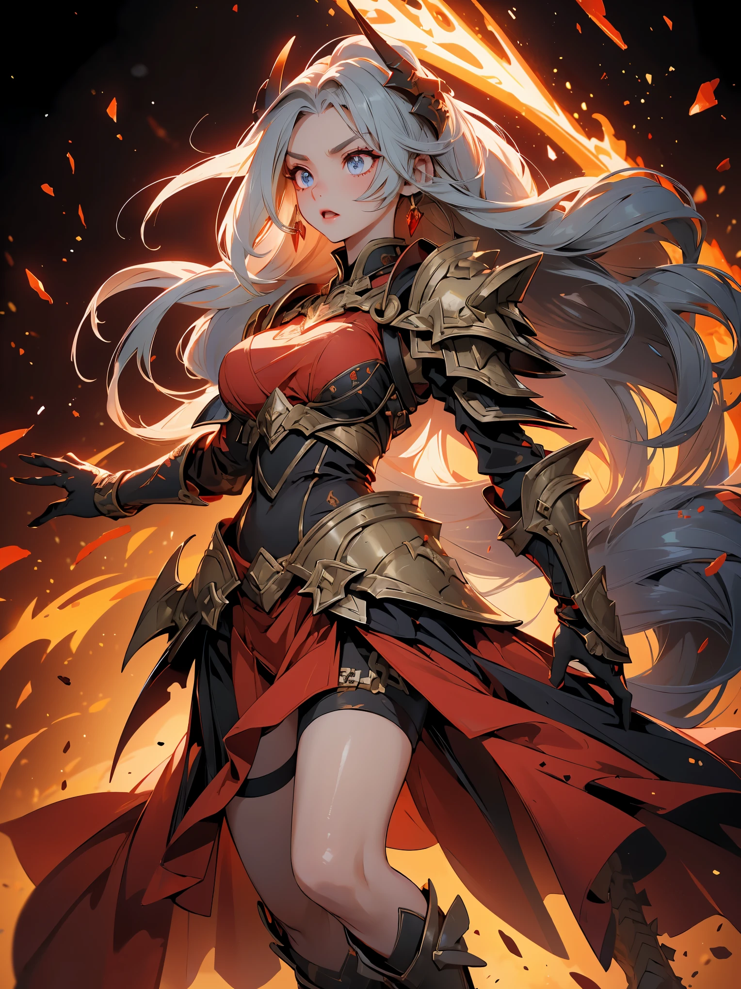 (((masterpiece, best quality, high detailed, 16k))) (1girl) A fearsome female warrior, standing tall and imposing, her demonic armor a deep blood-red with glowing embers, as if forged in the heart of a volcano. She wields a massive flaming sword with both hands, her eyes burning with fury and a thirst for battle. Her armor is adorned with jagged spikes and runes glowing with an ominous red light. The ground beneath her feet is cracked and scorched, as the world around her is ablaze, engulfed in chaos and destruction. Her expression is one of rage and dominance, and her presence exudes pure power and violence. ((full body)), ((extremely detailed)).