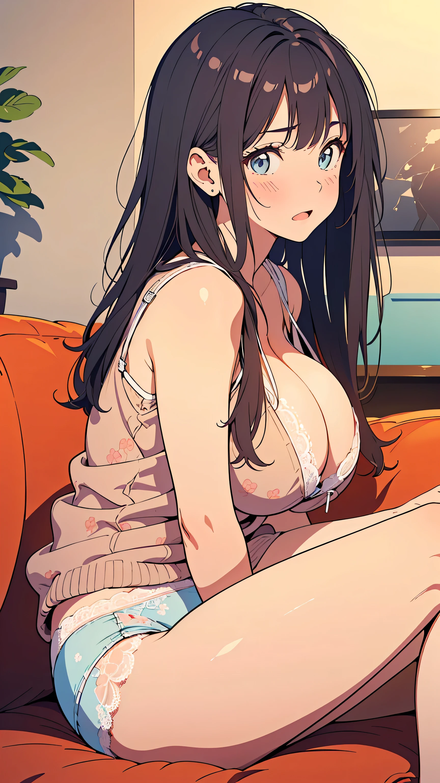  Masterpiece,  highest quality,  illustration,  Nostalgic Photos:1.5, ((  image outlined with very fine lines on a fluffy sofa:1.3)),  ultra detail ,  Finely Details,  Hi-Res,  8k wallpapers,  perfect dynamic configuration,  Biologically accurate image of the limbs ,  detailed expressions ,  beautiful eyes in every detail , ( cute,  Random Color ,  lace underwear, Simple pattern :1.3), (), ( short, Shiny hair,loose hair ), (Big Natural Tits:1.5), (Horizontal milk:1.3),  ( Thin Cardigan ,  pastel color),  Natural Color Lips, (28-year-old woman, Older sister, OL), (An excited look,  embarrassed expression with no one in the background:1.3), (cleavage:1.3), (Floral Panties),   thighs,  (( living room , ふわふわのソファの上で)),((from side:1.3)), ( Sitting with Legs ,  spread your legs), 
