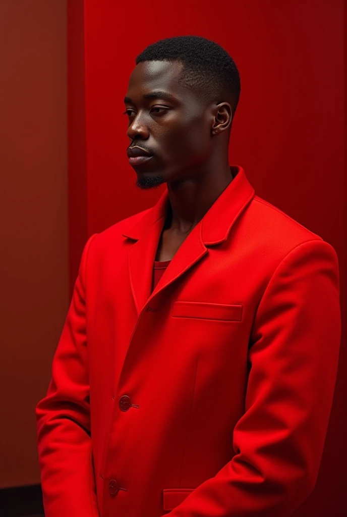 28-year-old dark-skinned man in a red armchair with a black jacket and black shoes on a white background