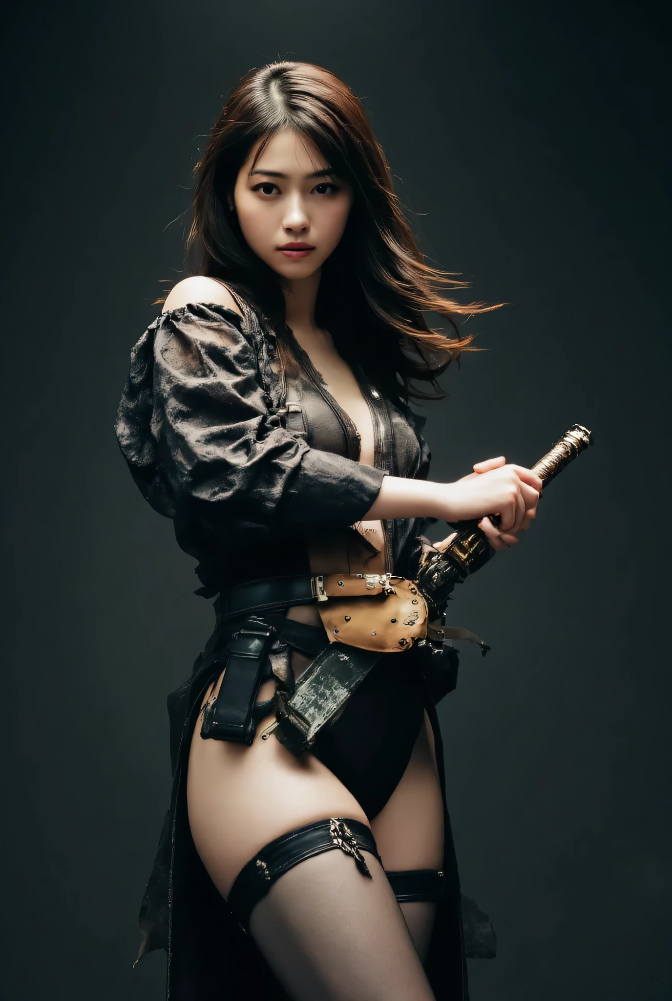 (((The dark interior of the Nostromo ship :2.0))),((( HR Gigger Style Cyberpunk Atmosphere :2.0))),(((Hold a cyberpunk-style Japanese sword:2.0))), Standing,((whole body:2.0)), one woman,( cute face),(Beautiful well-balanced face ),(( natural big breasted :2.0)),( black hair:1.5),( beautiful eyes:1.3), Glamorous Shot of a 20-year-old Japanese Woman , Slender Beautiful Body ,(( Model Body Type:2.0)),(( slim body with hot water:1.7)), perfect body line , Ideal Proportions ,(( big breasts:2.0)),((F cup breasts:1.5)),Big Breasts,Bare thighs, sensual thighs, delicate body,( Muscular:1.7),A harmonious posture,((Realistic breast depiction :1.7)), carefully depicting limbs based on perfect anatomy,((Wear a samurai kimono-style military coat with an open front over a black super high-leg leotard :1.5)),(( is a super high-leg leotard made of camy-style latex that fits the body:1.5)),((Samurai armor-style military coat with an open front over a leotard:1.5)),(ear monitor:1.5),((Tactical Holster:1.5)),( gloves:1.3), concept art ,( highest quality:1.5),( Masterpiece:1.5),(Super high resolution),resolution,UHD,( delicate depiction), carefully drawn with butterfly wings ,32K,(( realistic skin texture:1.5)),((( ULTRA REALISTIC :1.5))), eyelashes, very detailed faces,Highly detailed female hand,Sexy appearance,Very sensual,(Blurry Dim Backgrounds :1.5), Professional Photoshoot,( Movie Lighting:2.0),(( Blade Runner Style Lights :2.0))